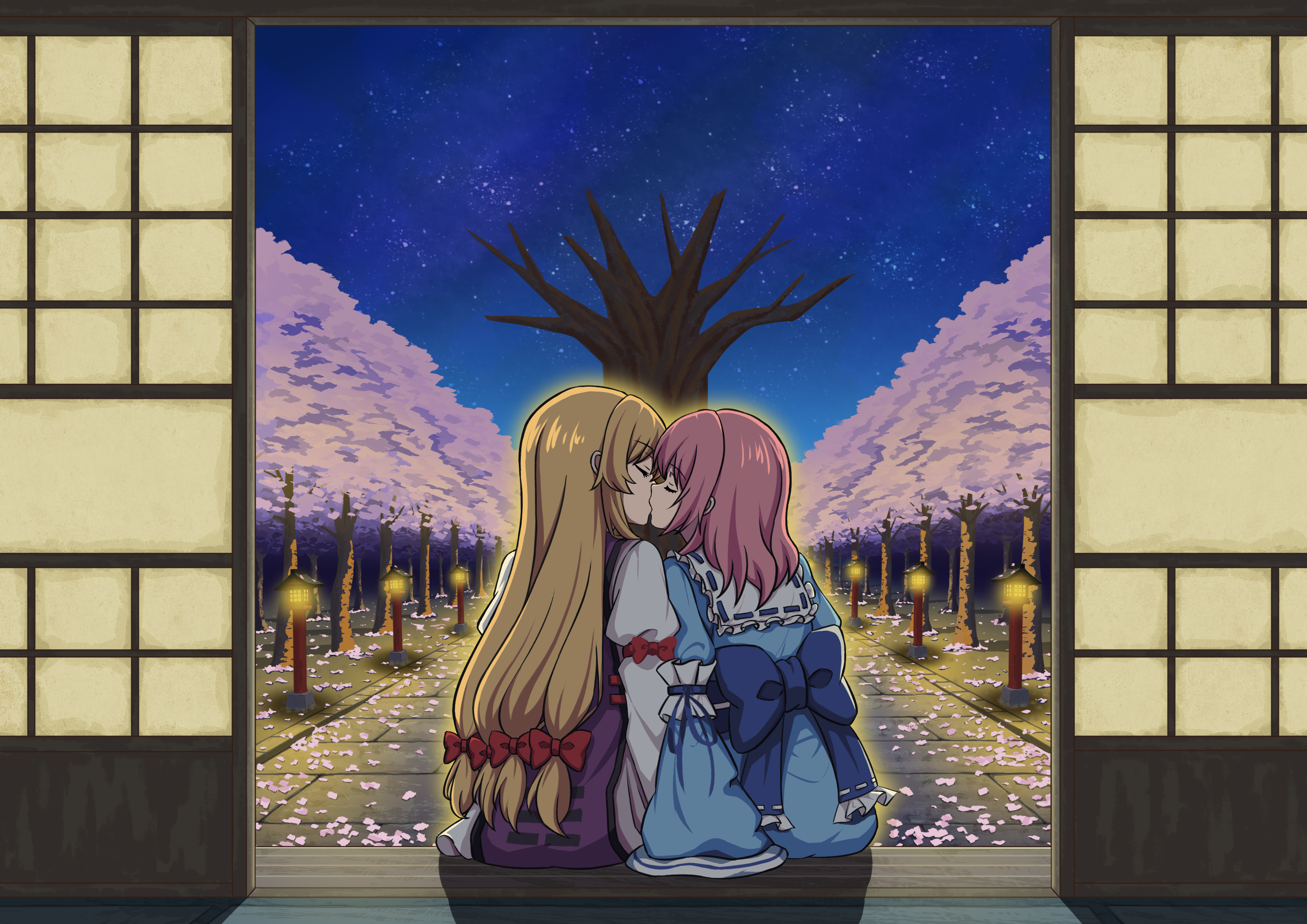piaoluo de ying huaban, saigyou ayakashi, saigyouji yuyuko, yakumo yukari, touhou, absurdres, commentary, highres, 2girls, back bow, blonde hair, blue bow, blue kimono, bow, cherry blossoms, closed eyes, hair bow, hat, japanese clothes, kimono, kiss, long sleeves, multiple girls, multiple hair bows, night, night sky, no headwear, pink hair, pink petals, purple tabard, red bow, shadow, sitting, sky, sleeve garter, star (sky), tabard, tree, wide sleeves, yuri