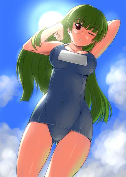 seki suzume, tachibana rei, pani poni dash!, 00s, 1girl, breasts, female focus, glasses, large breasts, one-piece swimsuit, school swimsuit, solo, swimsuit, thighs