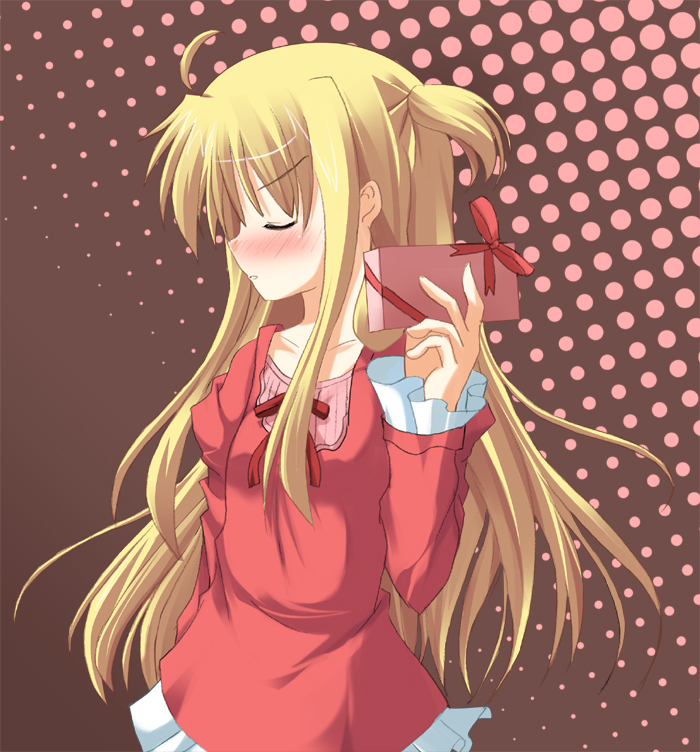 odaya, odayan, arisa bunnings, lyrical nanoha, mahou shoujo lyrical nanoha, 00s, 1girl, blonde hair, blush, box, closed eyes, female focus, gift, holding, holding gift, incoming gift, long hair, solo, tsundere, twintails, valentine