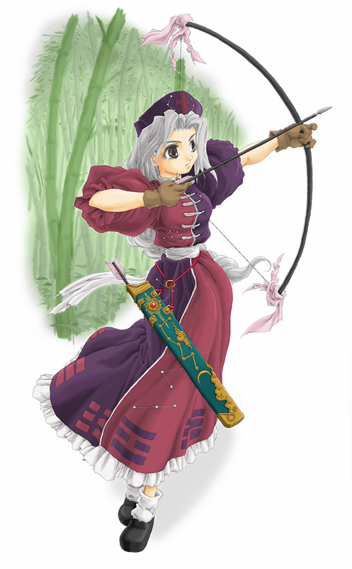 yagokoro eirin, touhou, 1girl, bow (weapon), dress, female focus, gloves, solo, trigram, two-tone dress, weapon