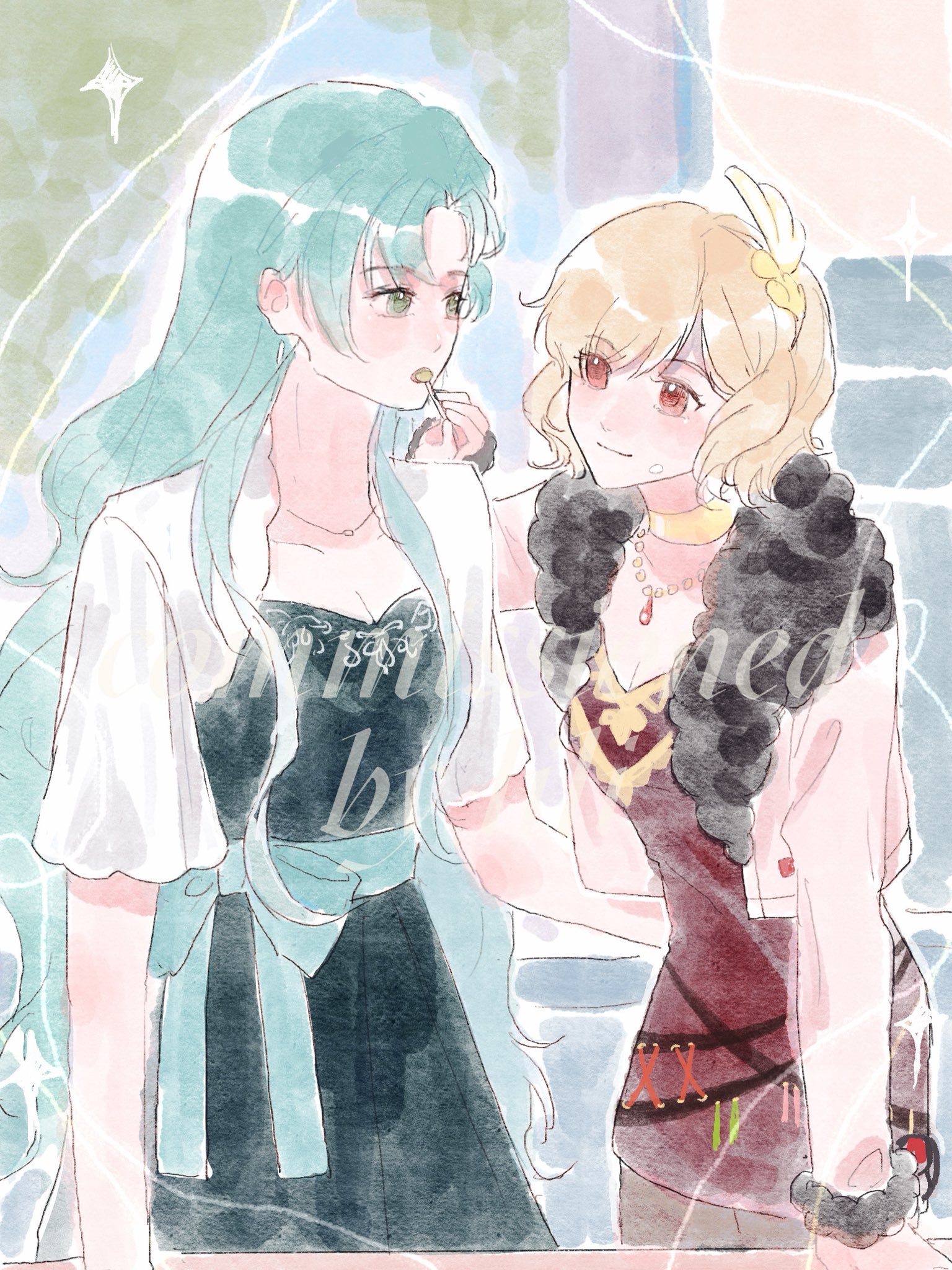 manymanylilies, chloe (fire emblem), citrinne (fire emblem), fire emblem, fire emblem engage, nintendo, highres, 2girls, aqua hair, blonde hair, brown dress, dress, earrings, gold trim, green eyes, hair ornament, implied yuri, jewelry, looking at another, multiple girls, red eyes, teardrop earrings, wing hair ornament