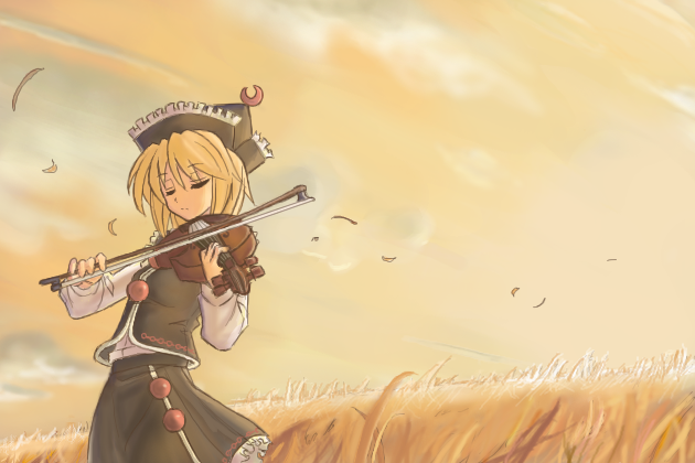 lunasa prismriver, touhou, 1girl, cloud, female focus, instrument, oekaki, outdoors, plant, sky, solo, standing, violin