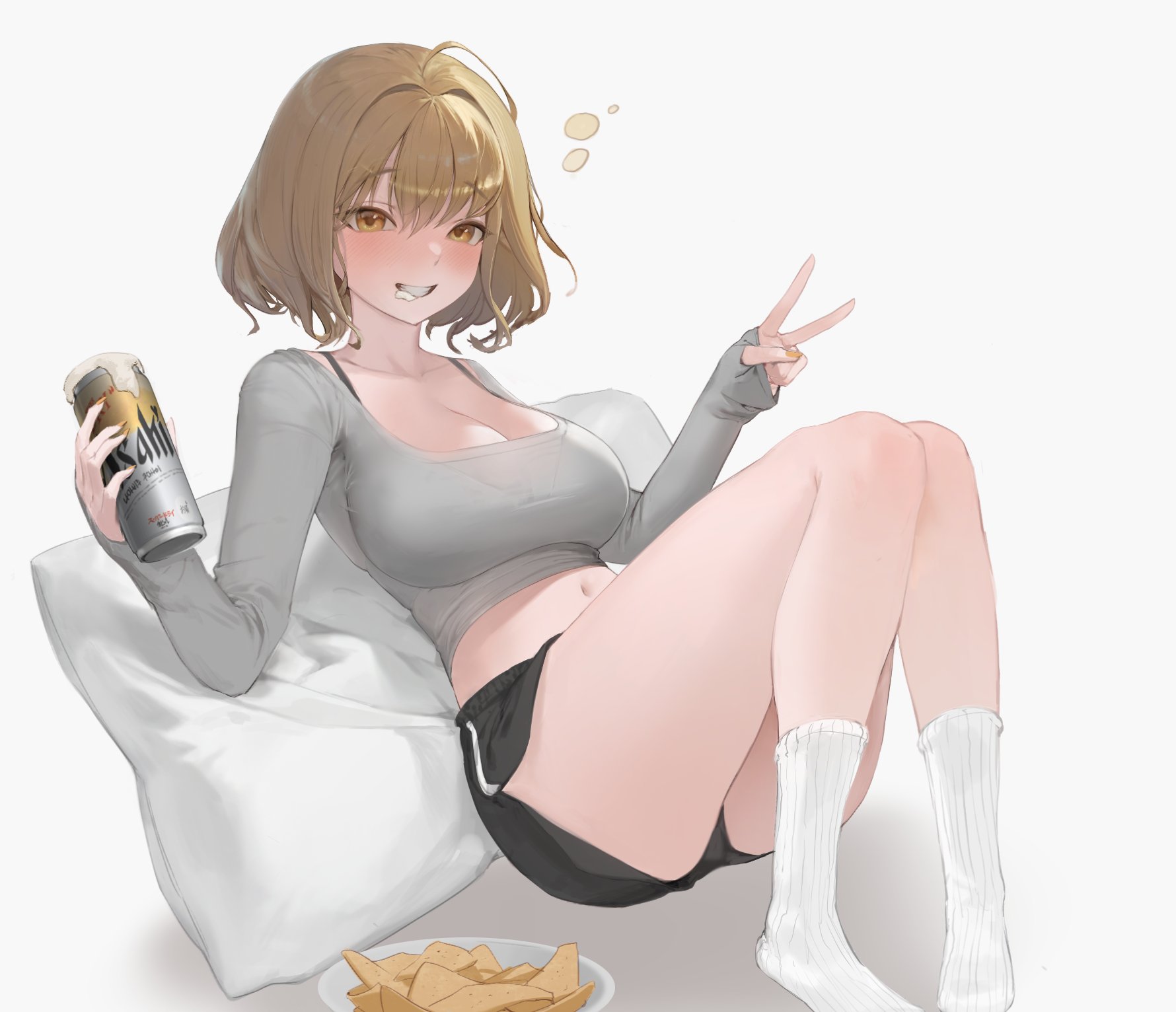 anis (nikke), asahi breweries, goddess of victory: nikke, highres, 1girl, alcohol, beer, beer can, black shorts, bowl, breasts, brown hair, can, chips (food), cleavage, drink can, food, gloves, grey gloves, grin, hakkun270, holding, holding can, large breasts, long sleeves, looking at viewer, potato chips, short hair, shorts, smile, socks, solo, v, white socks