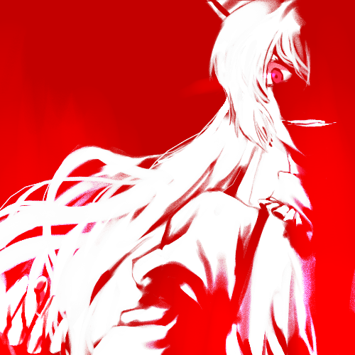 irua, fujiwara no mokou, touhou, lowres, 1girl, bow, female focus, grin, hair bow, long hair, monochrome, oekaki, red background, red eyes, red theme, smile, solo, white hair
