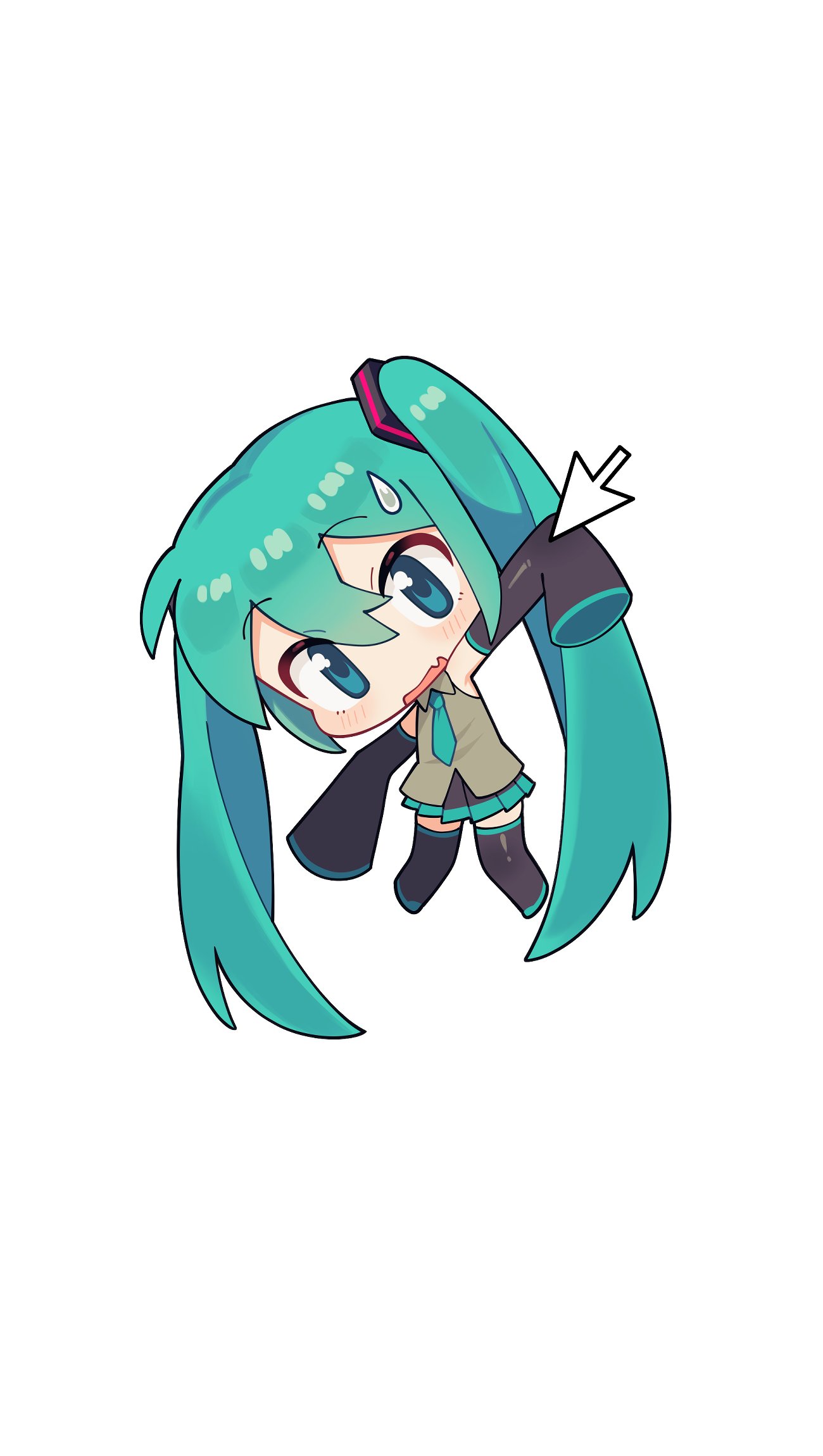 batrobin k, hatsune miku, vocaloid, commentary request, highres, 1girl, absurdly long hair, aqua hair, black arm warmers, black boots, black skirt, blue eyes, blush, boots, chibi, cursor, double-parted bangs, fang, full body, grey shirt, hair between eyes, lifted by cursor, long hair, pleated skirt, shirt, sidelocks, simple background, skin fang, skirt, sleeveless, sleeveless shirt, solo, sweat, thigh boots, twintails, very long hair, white background