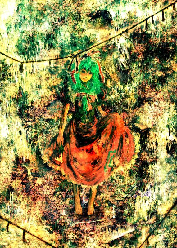 hayapi, kagiyama hina, touhou, 1girl, arms at sides, barefoot, dress, female focus, front ponytail, full body, green eyes, green hair, looking at viewer, matching hair/eyes, puffy short sleeves, puffy sleeves, red dress, short hair, short sleeves, skirt hold, solo, toes