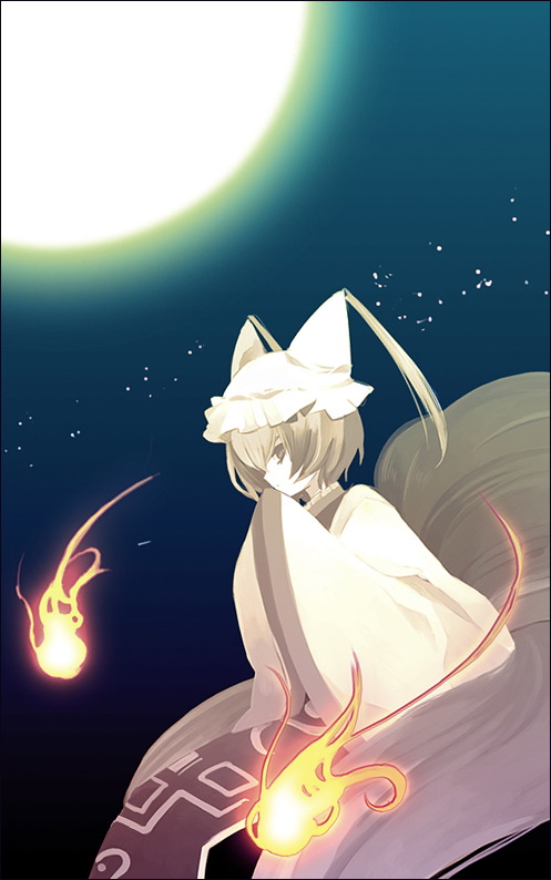 yakumo ran, touhou, artist request, 1girl, animal hat, blonde hair, female focus, fire, fox tail, frills, from side, full moon, hat, long sleeves, mob cap, moon, multiple tails, night, short hair, solo, tabard, tail, tassel, wide sleeves