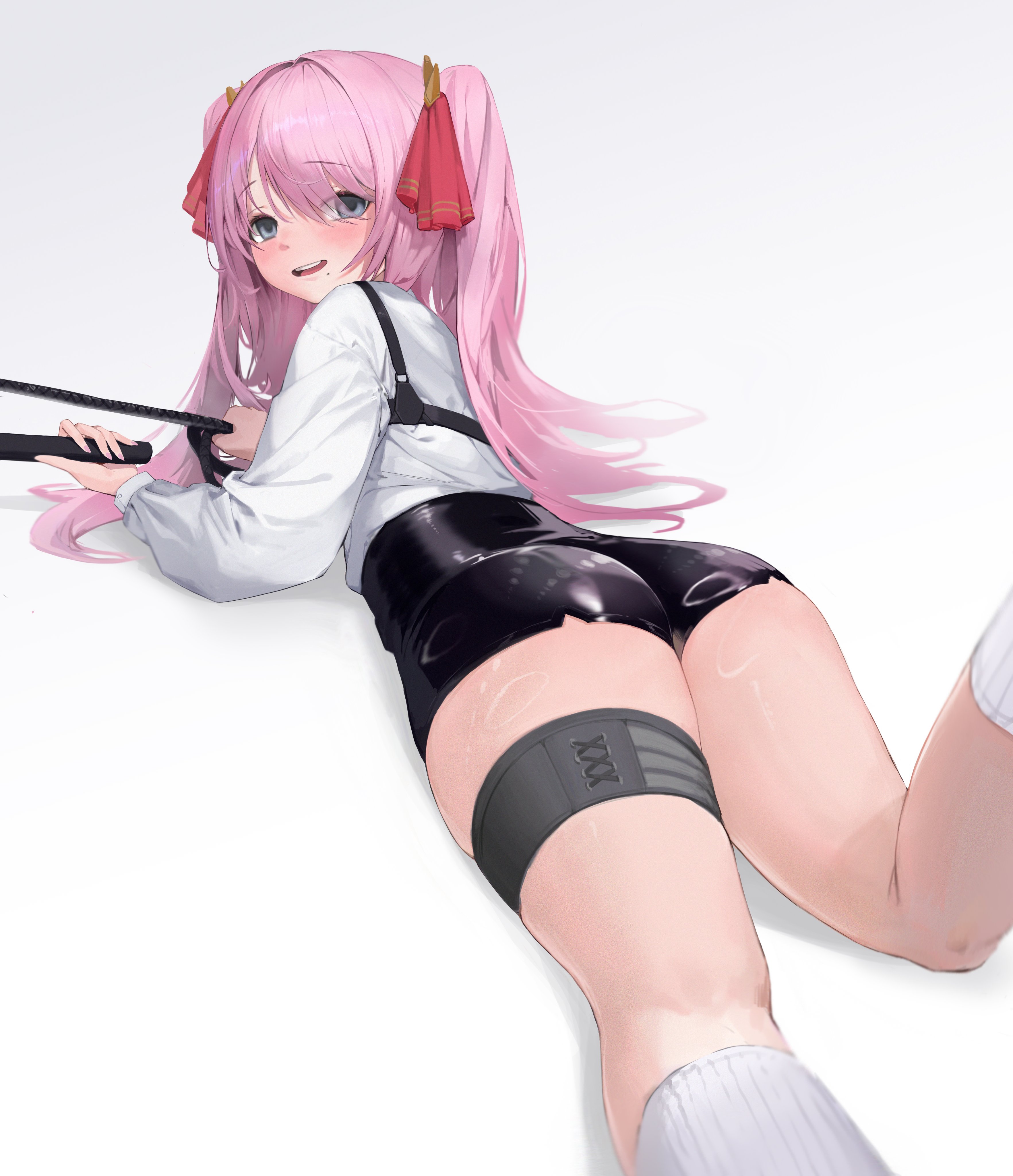 yuni (nikke), goddess of victory: nikke, absurdres, highres, 1girl, breasts, gloves, hakkun270, holding, long hair, looking at viewer, mole, mole under mouth, open mouth, pink hair, ribbon, shirt, shorts, socks, twintails, white socks