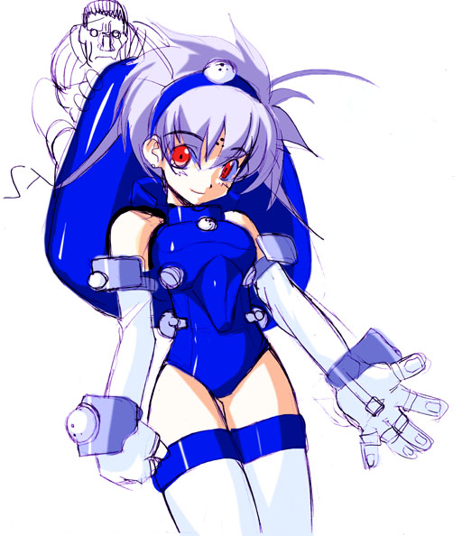 batou (gits), tachikoma, ghost in the shell, eyebrows, silver hair, 1boy, 1girl, ahoge, armor, artificial eye, bare shoulders, blue leotard, blush, bracer, breastplate, clenched hand, closed mouth, cowboy shot, cyborg, earrings, elbow gloves, facial mark, forehead mark, gloves, hair between eyes, hairband, head tilt, jewelry, legs together, leotard, light smile, looking at viewer, mecha musume, mechanical eye, open hand, parted bangs, personification, red eyes, short hair, simple background, sketch, smile, solo focus, spiked hair, standing, stud earrings, thigh gap, thighhighs, white gloves, white thighhighs