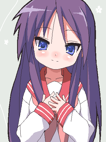 hiiragi miki, lucky star, lowres, 00s, blue eyes, long hair, oekaki, purple hair, raised eyebrows, school uniform, serafuku, solo, split mouth