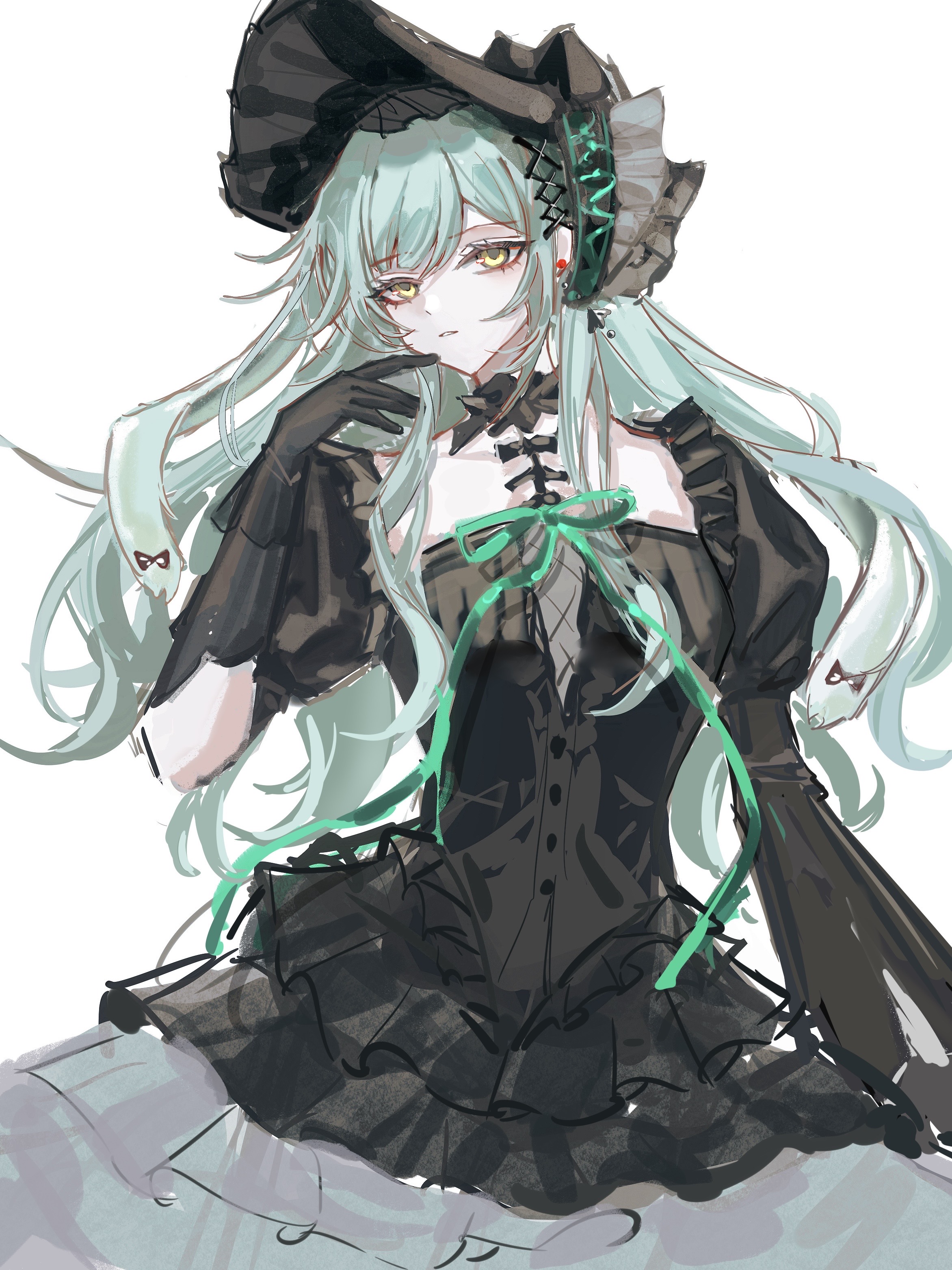 wakaba mutsumi, bang dream!, bang dream! it's mygo!!!!!, absurdres, highres, 1girl, black bonnet, black dress, black gloves, bonnet, cowboy shot, dress, earrings, frilled dress, frills, gloves, gothic lolita, green hair, green ribbon, hand up, jewelry, jstkyxhh, lolita fashion, long hair, looking at viewer, neck ribbon, official alternate costume, parted lips, ribbon, simple background, solo, standing, wakaba mutsumi (marionette's id), white background, yellow eyes