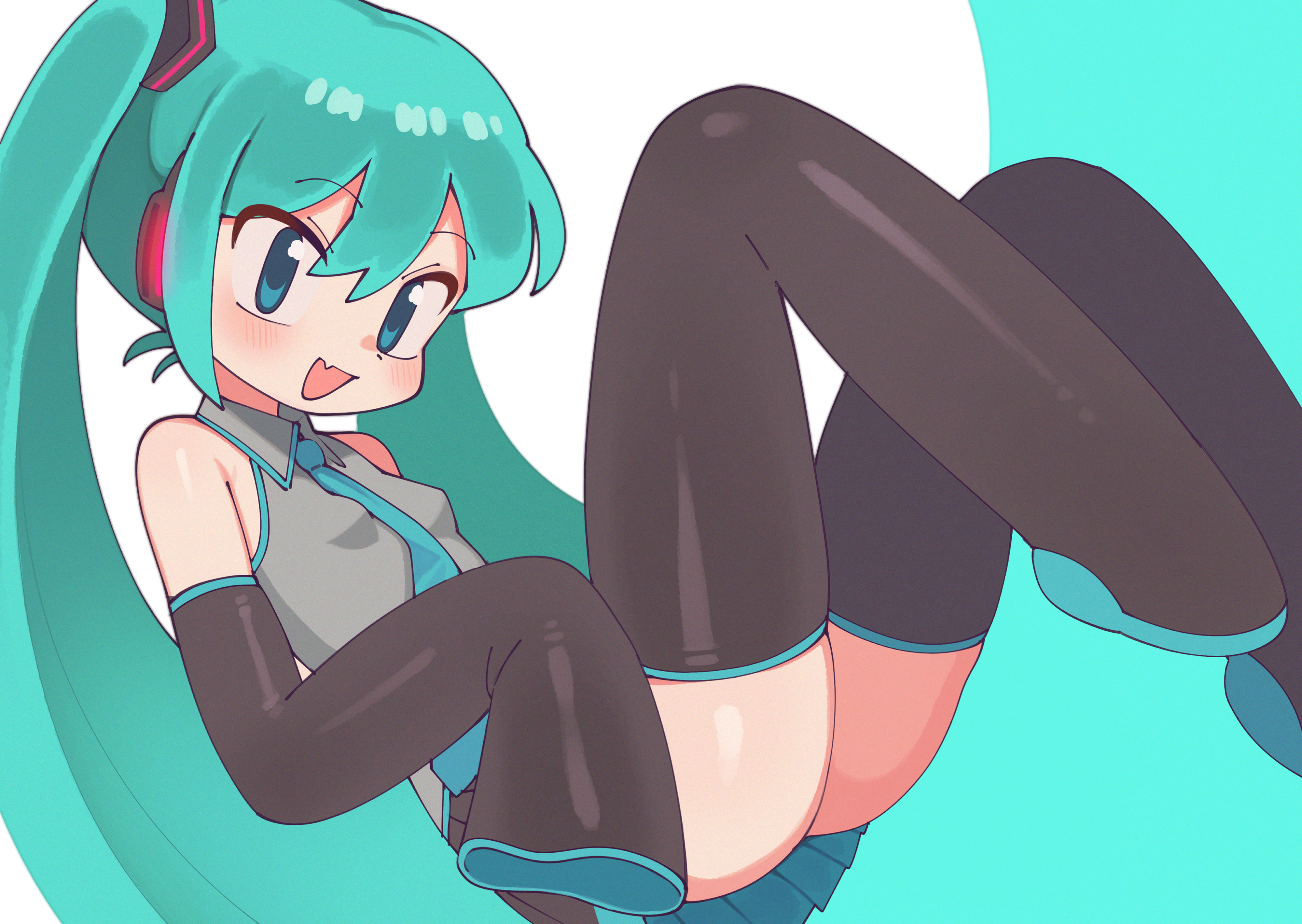 batrobin k, hatsune miku, vocaloid, absurdres, commentary request, highres, 1girl, :d, aqua background, aqua hair, aqua necktie, ass, black arm warmers, black boots, black skirt, blue background, blue eyes, blush, boots, breasts, collared shirt, double-parted bangs, fang, feet up, full body, grey shirt, hair between eyes, headphones, knees up, long hair, looking at viewer, miniskirt, necktie, open mouth, pleated skirt, reclining, shirt, sidelocks, simple background, skin fang, skirt, sleeveless, sleeveless shirt, small breasts, smile, solo, thigh boots, twintails, very long hair