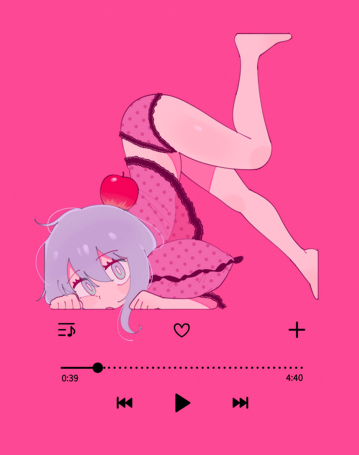 batrobin k, hatsune miku, romeo to cinderella (vocaloid), vocaloid, commentary request, derivative work, highres, 1girl, apple, apple on head, aqua eyes, barefoot, bright pupils, buttons, camisole, food, food on head, fruit, fruit on head, full body, grey hair, heart button, invisible floor, invisible wall, lace, lace-trimmed camisole, lace-trimmed panties, lace trim, light blush, looking at viewer, media player interface, object on head, panties, pink background, pink camisole, pink panties, play button, polka dot, polka dot camisole, polka dot panties, polka dot pillow, progress bar, see-through clothes, see-through shirt, shirt, sidelocks, simple background, solo, underwear, upside-down