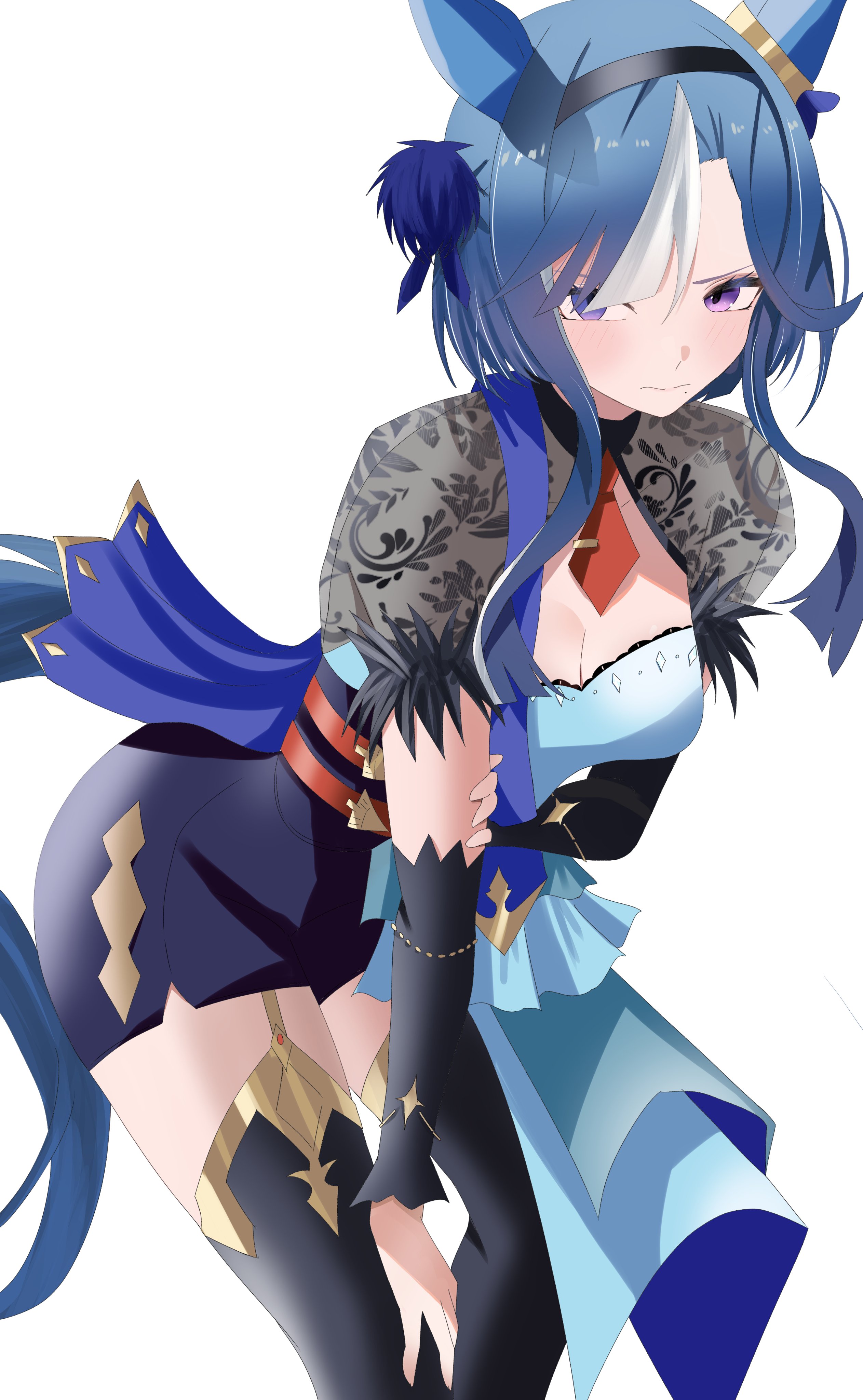 kirameki (rikukaikuu), admire groove (umamusume), umamusume, absurdres, commentary request, highres, 1girl, animal ears, black skirt, black thighhighs, blue hair, blush, breasts, cape, cleavage, closed mouth, cowboy shot, dress, ear ornament, gold trim, hair between eyes, hair ornament, holding own arm, horse ears, horse girl, horse tail, medium breasts, multicolored hair, necktie, purple eyes, red necktie, short necktie, simple background, skirt, solo, streaked hair, tail, thighhighs, white background, white hair