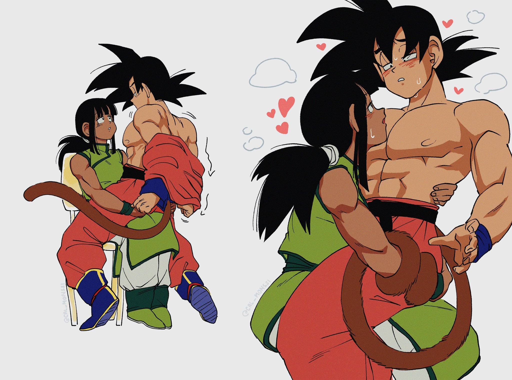 cal monssi, chi-chi (dragon ball), son goku, dragon ball, dragon ball (classic), highres, 1boy, 1girl, abs, alternate color, alternate skin color, arrow (symbol), artist name, black hair, black sash, blue boots, blue wrist cuffs, blunt bangs, blush, boots, breasts, chair, china dress, chinese clothes, dark-skinned female, dark skin, dress, furrowed brow, green boots, green dress, green wrist cuffs, hand on another's ass, heart, holding, holding another's waist, husband and wife, long hair, looking at another, low-tied long hair, lowered eyelids, muscular, muscular male, on chair, open mouth, pants, partially undressed, ponytail, red pants, red shirt, sash, shirt, sidelocks, sitting, sitting on lap, sitting on person, sleeveless, sleeveless dress, spiked hair, sweat, tail, tail wrap, tan, topless male, undressing, white pants, wrist cuffs
