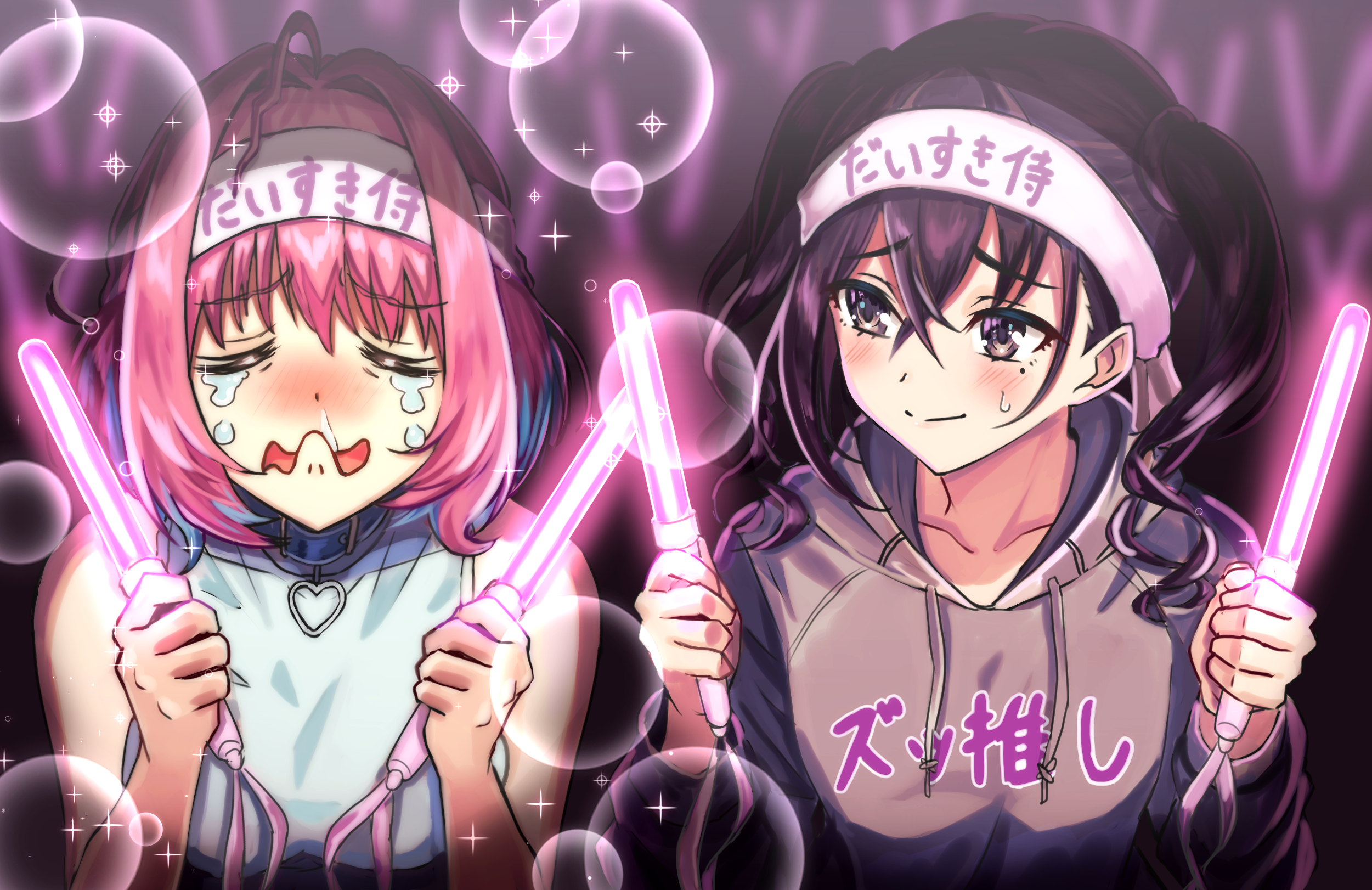 asarime, sunazuka akira, yumemi riamu, idolmaster, idolmaster cinderella girls, commentary request, highres, translation request, 2girls, ahoge, aqua hair, bare shoulders, black hair, blue collar, blush, breasts, brown eyes, closed eyes, closed mouth, clothes writing, collar, collarbone, crossed bangs, crowd, crying, drawstring, facing viewer, glowstick, grey hoodie, hachimaki, hands up, headband, heart collar, holding, holding glowstick, hood, hood down, hoodie, long hair, looking at another, multicolored hair, multiple girls, pink hair, raised inner eyebrows, short hair, snot, sparkle, sweatdrop, tears, twintails, two-tone hair, white headband