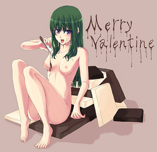 unasaka ryou, original, lowres, 1girl, barefoot, breasts, chocolate, feet, female focus, green hair, happy valentine, long hair, nipples, nude, open mouth, purple eyes, sitting, solo, valentine, vial