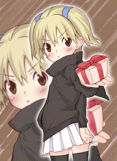 galore, original, 1girl, arm behind back, female focus, gift, holding, holding gift, solo, thighhighs, valentine