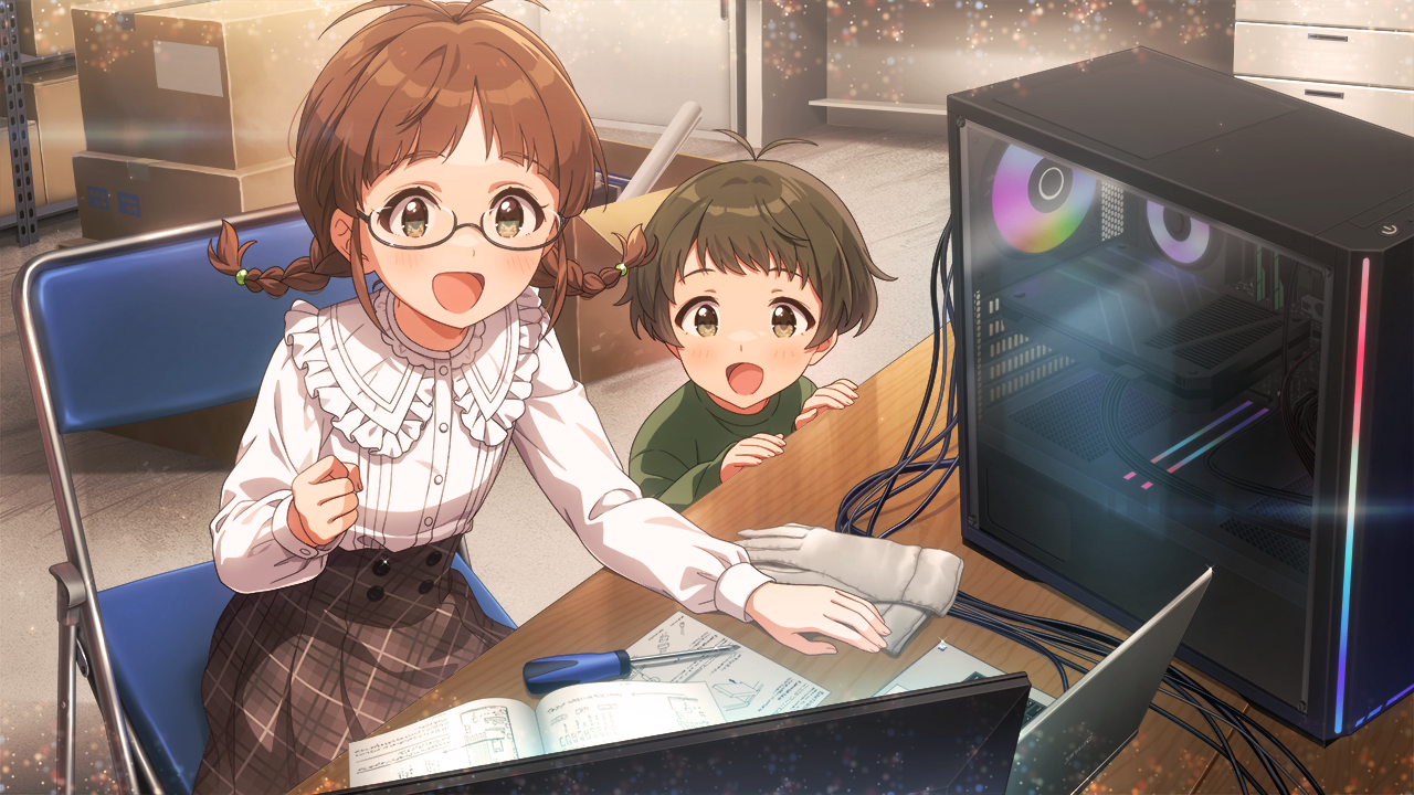 akizuki ritsuko, akizuki ryo, idolmaster, idolmaster million live!, idolmaster million live! theater days, game cg, official art, 1boy, 1girl, aged down, blouse, book, box, brown eyes, brown hair, buttons, chair, collar, computer, drawer, frilled collar, frills, gloves, green hair, laptop, low twin braids, monitor, open book, open mouth, rgb lights, screwdriver, shirt, sitting, skirt, table, twin braids, unworn gloves
