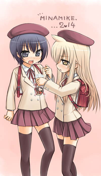 chaudlapin, minami chiaki, minami touma, minami-ke, 00s, 2girls, ahoge, androgynous, backpack, bag, black eyes, black hair, blazer, blonde hair, blush, cookie, food, hat, jacket, long hair, multiple girls, randoseru, reverse trap, school uniform, skirt, thighhighs, tomboy, valentine, yuri, zettai ryouiki