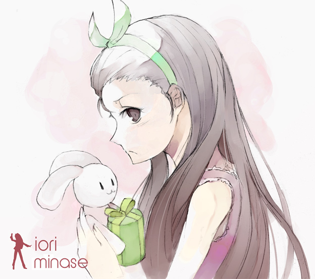 pos (shiratama-ya), minase iori, idolmaster, idolmaster (classic), idolmaster 1, bad id, bad pixiv id, 00s, 1girl, animal, bare shoulders, box, brown eyes, brown hair, camisole, female focus, from side, gift, gift box, green ribbon, hairband, holding, long hair, looking at viewer, profile, rabbit, ribbon, solo, upper body