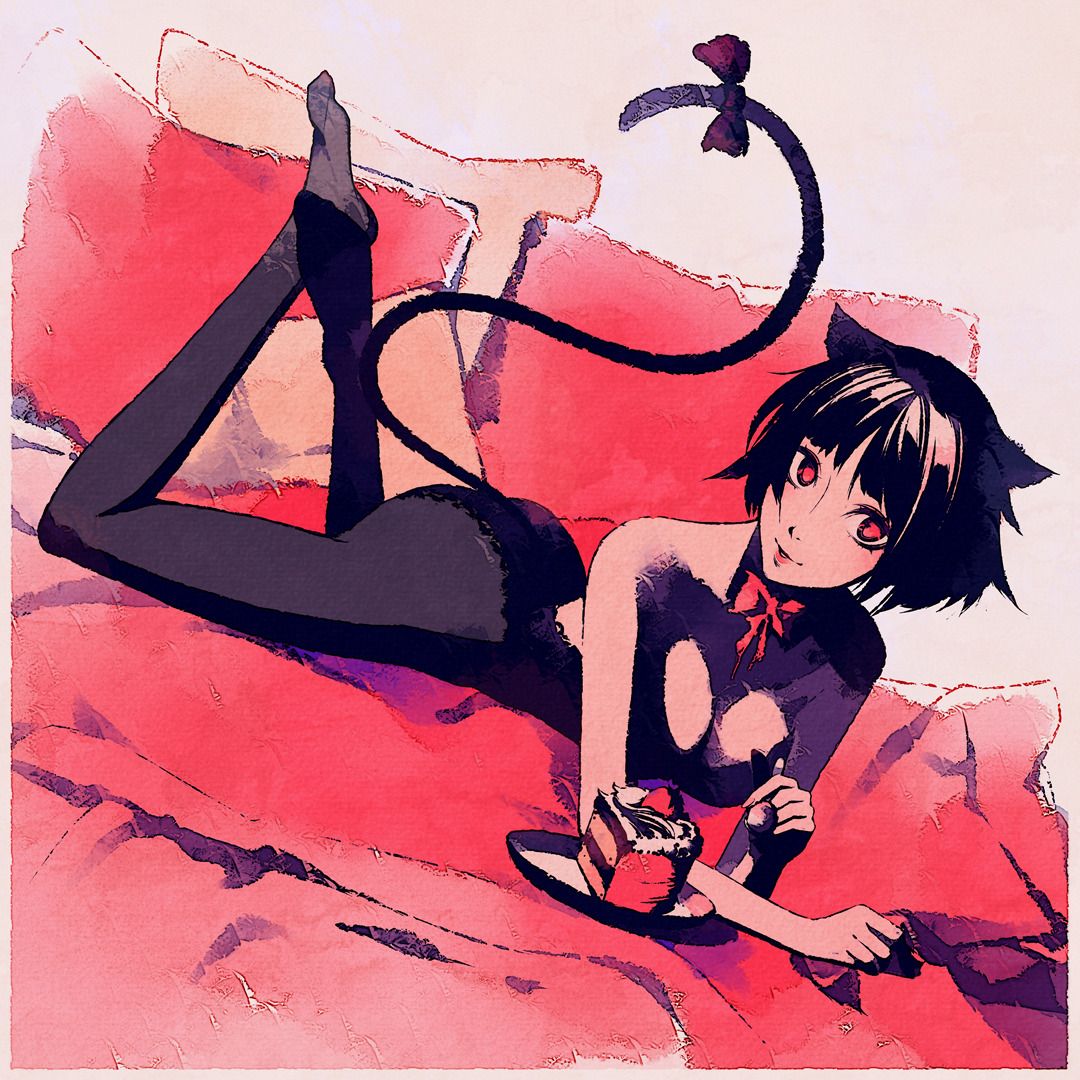moshimoshibe, niijima makoto, persona, persona 5, red pillow, 1girl, alternate costume, animal ears, ass, bare shoulders, bed sheet, black ribbon, blunt bangs, breasts, cake, cake slice, cat ears, cat tail, cleavage, feet, food, pillow, plate, red ribbon, ribbon, short hair, tail
