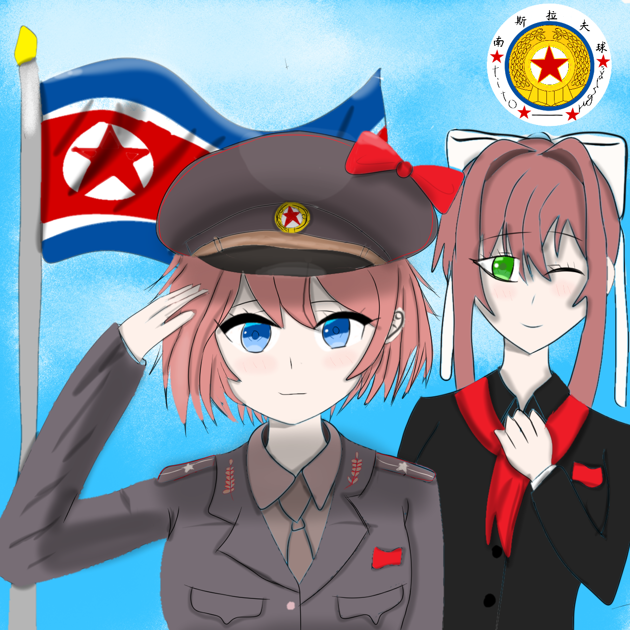 monika (doki doki literature club), sayori (doki doki literature club), doki doki literature club, original, highres, military uniform, north korea, user veyt5848