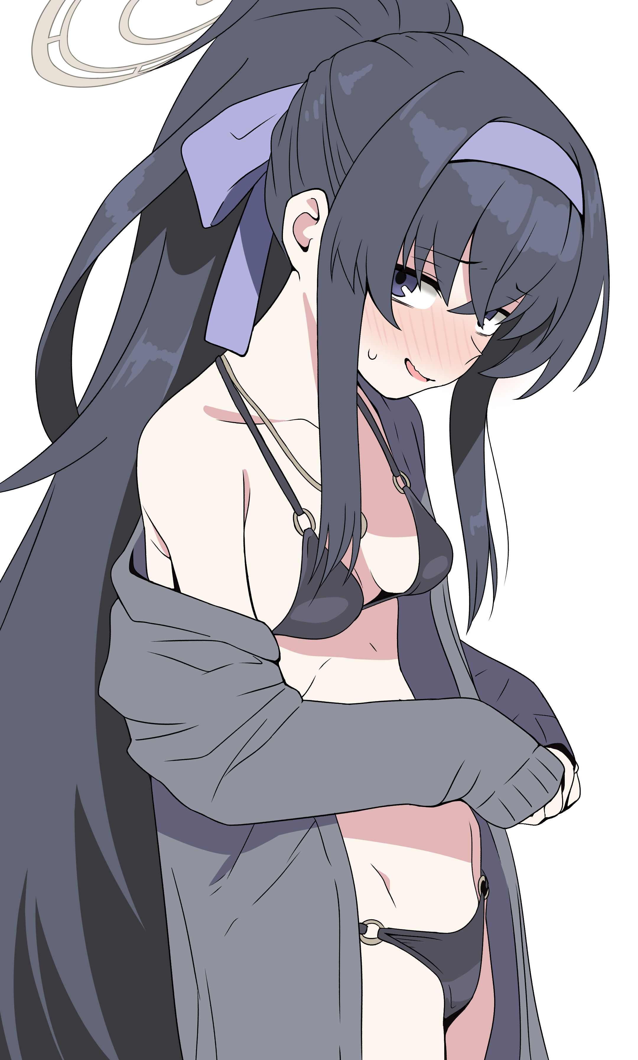 ui (blue archive), ui (swimsuit) (blue archive), blue archive, absurdres, highres, 1girl, bikini, black bikini, blue eyes, blush, breasts, brown halo, cardigan, collarbone, grey cardigan, hairband, halo, jewelry, long hair, looking at viewer, necklace, o-ring, o-ring bikini, o-ring bottom, o-ring top, off shoulder, open cardigan, open clothes, parted lips, ponytail, purple hairband, rangee, simple background, single bare shoulder, sleeves past wrists, small breasts, solo, standing, sweatdrop, swimsuit, very long hair, white background