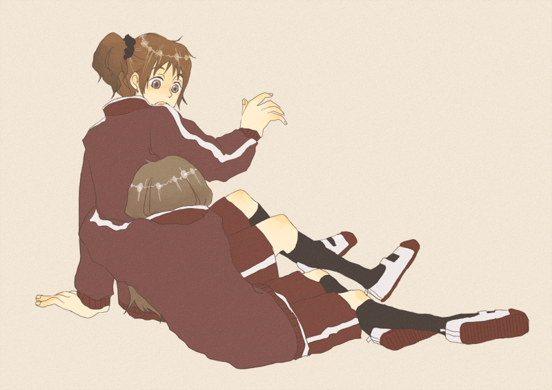den, original, 2girls, :o, black scrunchie, black socks, brown eyes, brown hair, from behind, hug, hug from behind, kneehighs, long hair, long sleeves, looking back, multiple girls, red track suit, scrunchie, shoes, shorts, side ponytail, socks, track suit, uwabaki