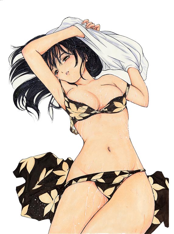 tanaka yutaka, shoya virgin night, 1girl, armpits, arms up, bikini, bikini pull, black hair, breasts, brown eyes, clothes lift, clothes pull, female focus, head tilt, long hair, lying, navel, on back, print bikini, sarong, shirt lift, simple background, solo, strap slip, sweat, swimsuit, undressing, unworn sarong, wet