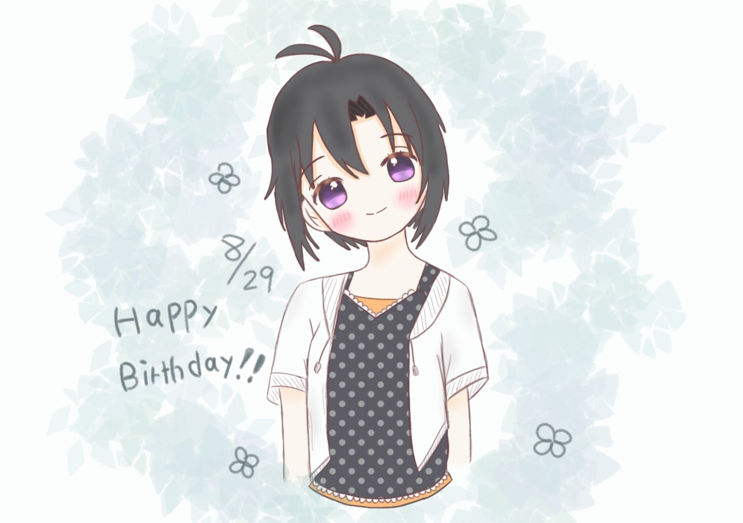kikuchi makoto, idolmaster, idolmaster (classic), antenna hair, black hair, black tank top, eyelashes, flower symbol, happy birthday, kndg2496, light blush, looking at viewer, orange shirt, parted bangs, shirt, sweater, tank top, undershirt, white background, white sweater
