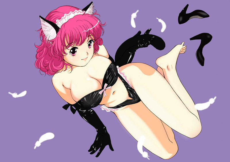 tanaka yutaka, animal ears, barefoot, cat ears, elbow gloves, feathers, feet, gloves, leather, pink eyes, pink hair, solo