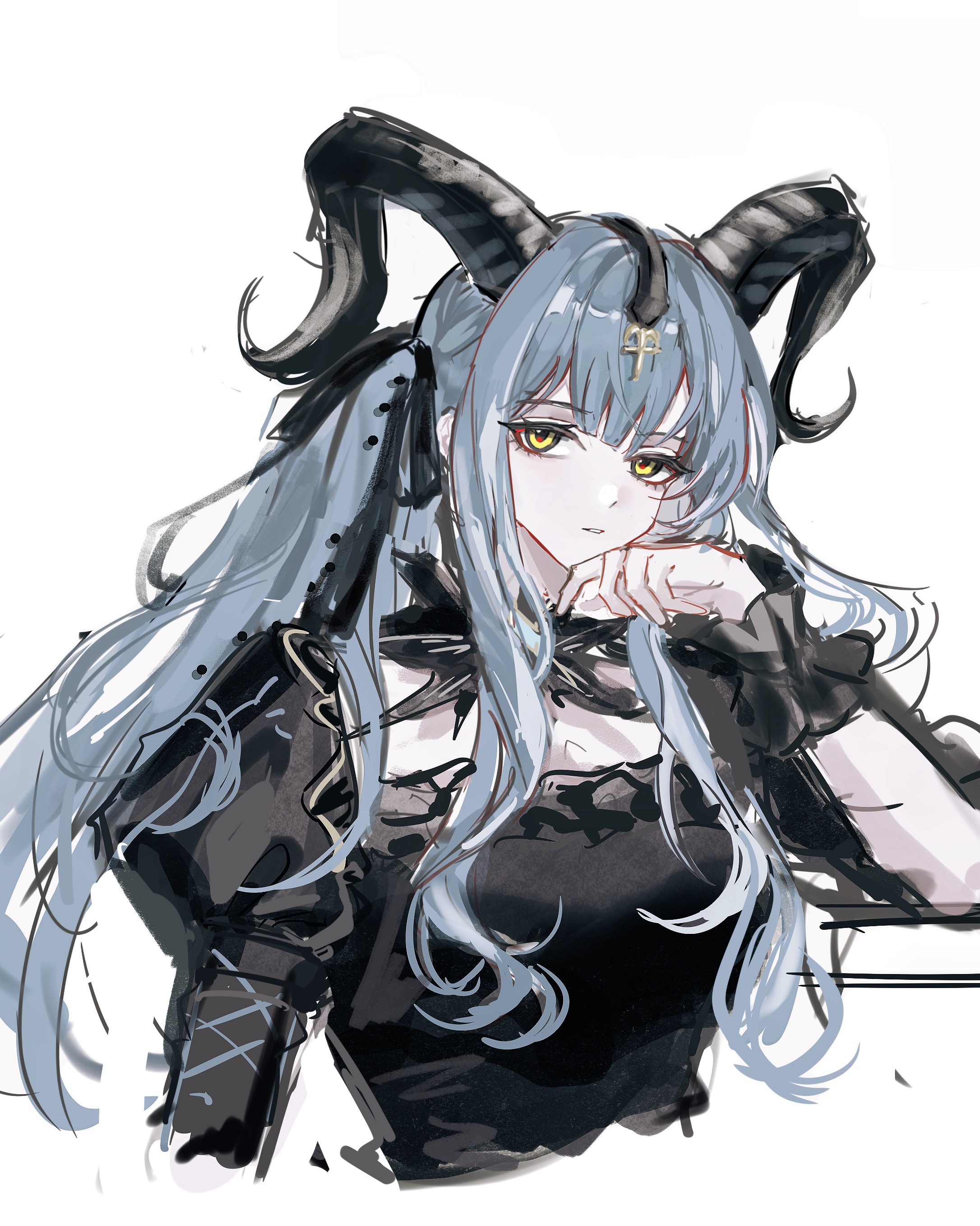 togawa sakiko, bang dream!, bang dream! it's mygo!!!!!, absurdres, chinese commentary, commentary request, highres, 1girl, black dress, black horns, black ribbon, blue hair, cropped torso, curled horns, detached collar, dress, hair ribbon, hand up, horns, jstkyxhh, juliet sleeves, long hair, long sleeves, looking at viewer, official alternate costume, parted lips, puffy sleeves, ribbon, sidelocks, simple background, solo, togawa sakiko (master of melodia), upper body, white background, wrist cuffs, yellow eyes