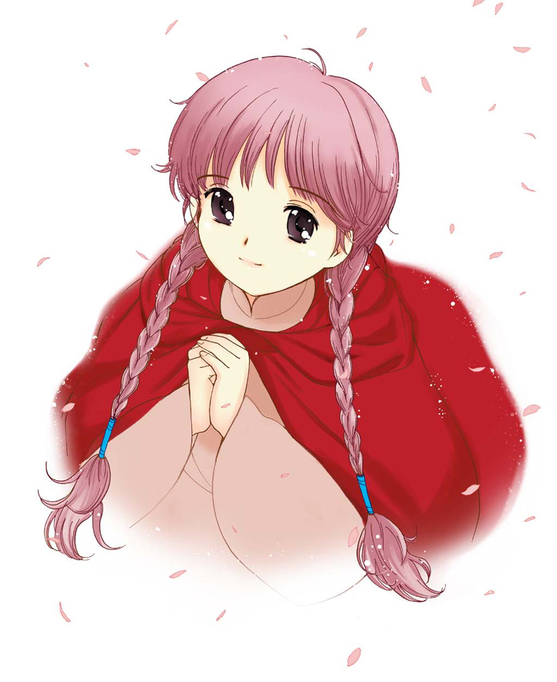 tanaka yutaka, mimia, mimia hime, jpeg artifacts, 1girl, braid, cherry blossoms, female focus, from above, gradient background, long hair, looking up, own hands clasped, own hands together, petals, pink hair, purple eyes, shawl, smile, solo, twin braids