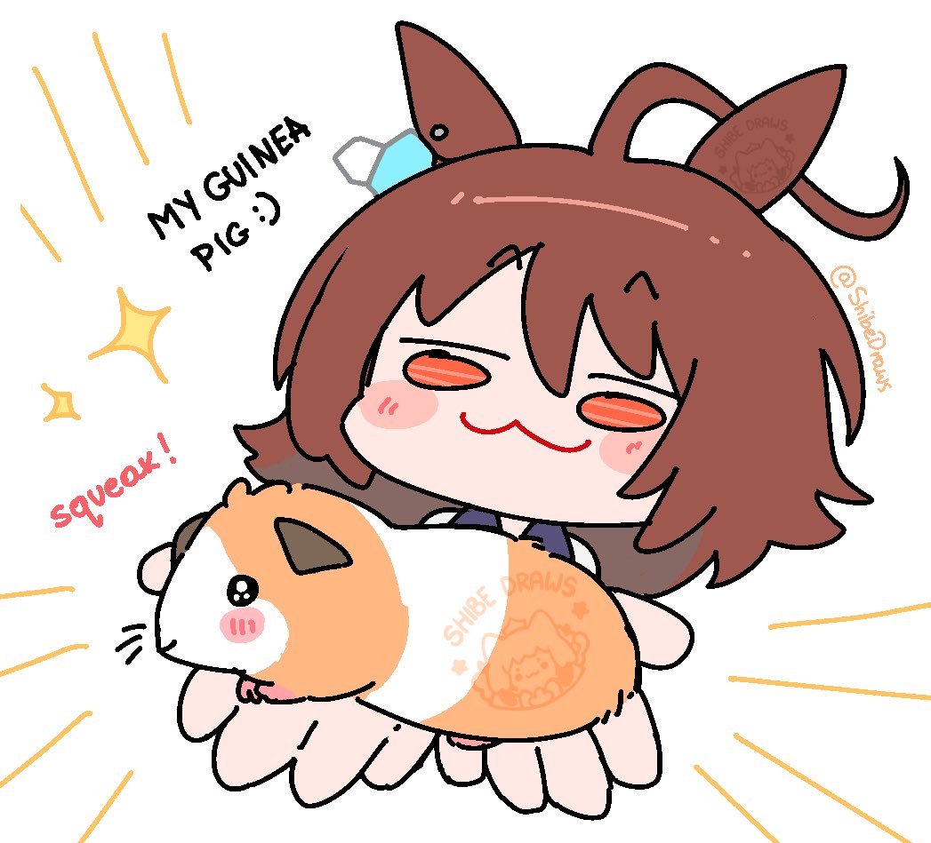 shibedraws, agnes tachyon (umamusume), umamusume, commentary, english commentary, 1girl, :3, ahoge, animal, animal ears, blush stickers, brown hair, chemical structure, closed mouth, deformed, double-parted bangs, earrings, emphasis lines, english text, foreshortening, guinea pig, hair between eyes, holding, holding animal, horse ears, horse girl, jewelry, long hair, looking at viewer, no nose, presenting, red eyes, sidelocks, single earring, sparkle, sparkling eyes, twitter username, watermark