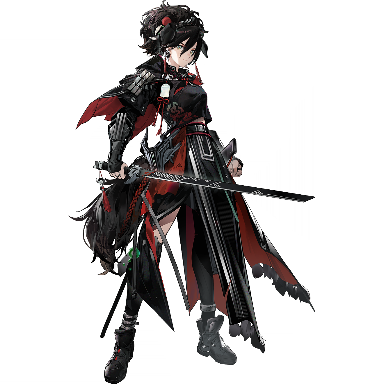 zhili xingzou, arknights, highres, official art, third-party source, 1girl, animal ears, arm armor, arms at sides, asymmetrical legwear, black capelet, black hair, black pantyhose, black shirt, black shoes, black skirt, black socks, black theme, capelet, chinese clothes, clenched hand, closed mouth, full body, green eyes, high ponytail, holding, holding sword, holding weapon, junior drillmaster (arknights), kneehighs, looking at viewer, medium hair, midriff peek, pantyhose, ponytail, red capelet, red skirt, scabbard, serious, sheath, shirt, shoes, simple background, single kneehigh, single leg pantyhose, single sock, skirt, socks, solo, standing, sword, tachi-e, tail, transparent background, two-sided capelet, two-sided fabric, two-sided skirt, uneven legwear, unsheathed, wavy hair, weapon