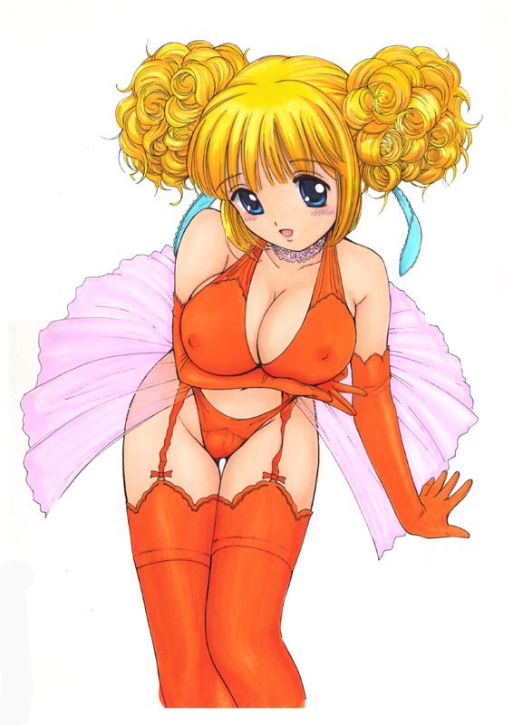 tanaka yutaka, breast hold, 1girl, blonde hair, blue eyes, blush, breasts, choker, cleavage, covered erect nipples, double bun, elbow gloves, female focus, garter belt, gloves, hair bun, hair ribbon, large breasts, leaning forward, ribbon, see-through clothes, short twintails, skirt, solo, thighhighs, twintails