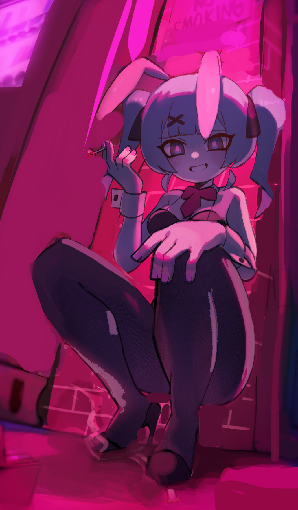 batrobin k, hatsune miku, rabbit hole (vocaloid), vocaloid, commentary request, highres, 1girl, animal ear hairband, animal ears, black leotard, black pantyhose, blunt bangs, blush, bow, bowtie, breasts, candy, detached collar, fake animal ears, food, full body, hair ornament, hairband, high heels, holding, holding candy, holding food, holding lollipop, leotard, lollipop, long hair, looking at viewer, medium breasts, necktie, open mouth, outdoors, pantyhose, pink pupils, playboy bunny, rabbit ear hairband, rabbit ears, red bow, red bowtie, red necktie, short necktie, sidelocks, smile, solo, squatting, twintails, wrist cuffs, x hair ornament