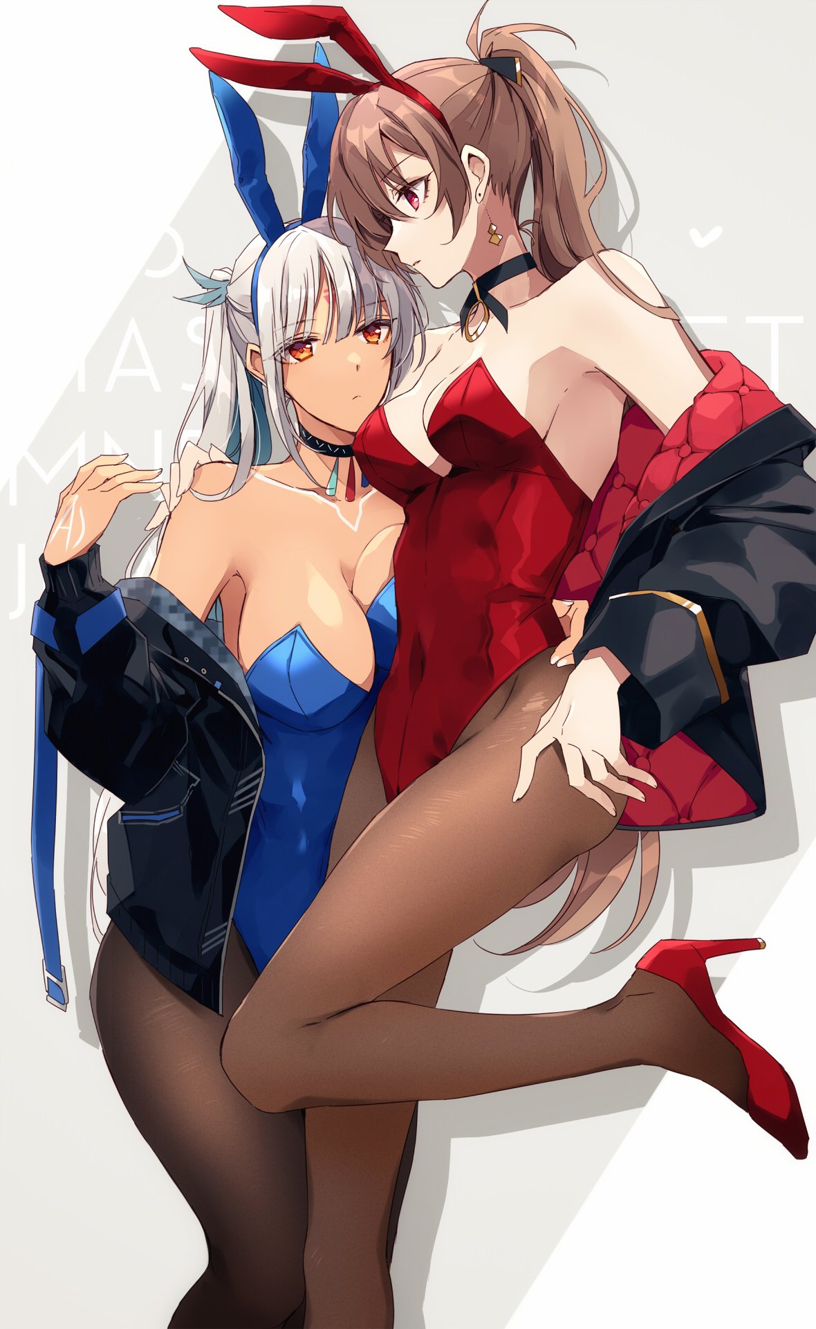 amazuki jou, jean bart (azur lane), massachusetts (azur lane), azur lane, highres, 2girls, animal ear hairband, animal ears, black choker, black jacket, blue leotard, breasts, brown eyes, brown hair, choker, closed mouth, collarbone, covered navel, earrings, facial mark, fake animal ears, forehead mark, hairband, hand on another's hip, hand on another's shoulder, high heels, jacket, jewelry, leotard, long hair, multiple girls, native american, off shoulder, open clothes, open jacket, pantyhose, rabbit ear hairband, rabbit ears, red eyes, red leotard, red shoes, shadow, shoes, strapless, strapless leotard, white hair, yuri