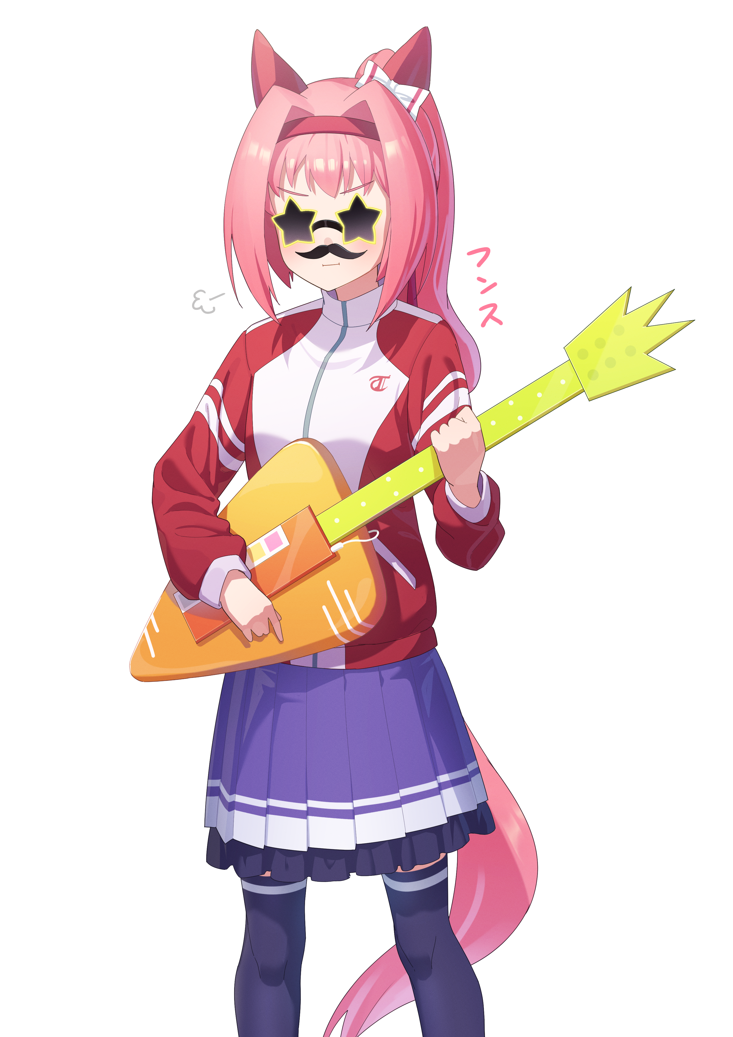 freely2327, gotoh hitori, haru urara (umamusume), bocchi the rock!, umamusume, absurdres, highres, animal ears, bespectacled, blush, bow, carrot, cosplay, electric guitar, fake eyewear, fake facial hair, fake mustache, glasses, gotoh hitori (cosplay), guitar, hairband, horse ears, horse girl, horse tail, instrument, music, pink hair, pink hairband, pink tail, playing guitar, playing instrument, puff of air, purple skirt, simple background, skirt, star-shaped eyewear, star (symbol), sunglasses, tail, thighhighs, tracen training uniform, white background, white bow