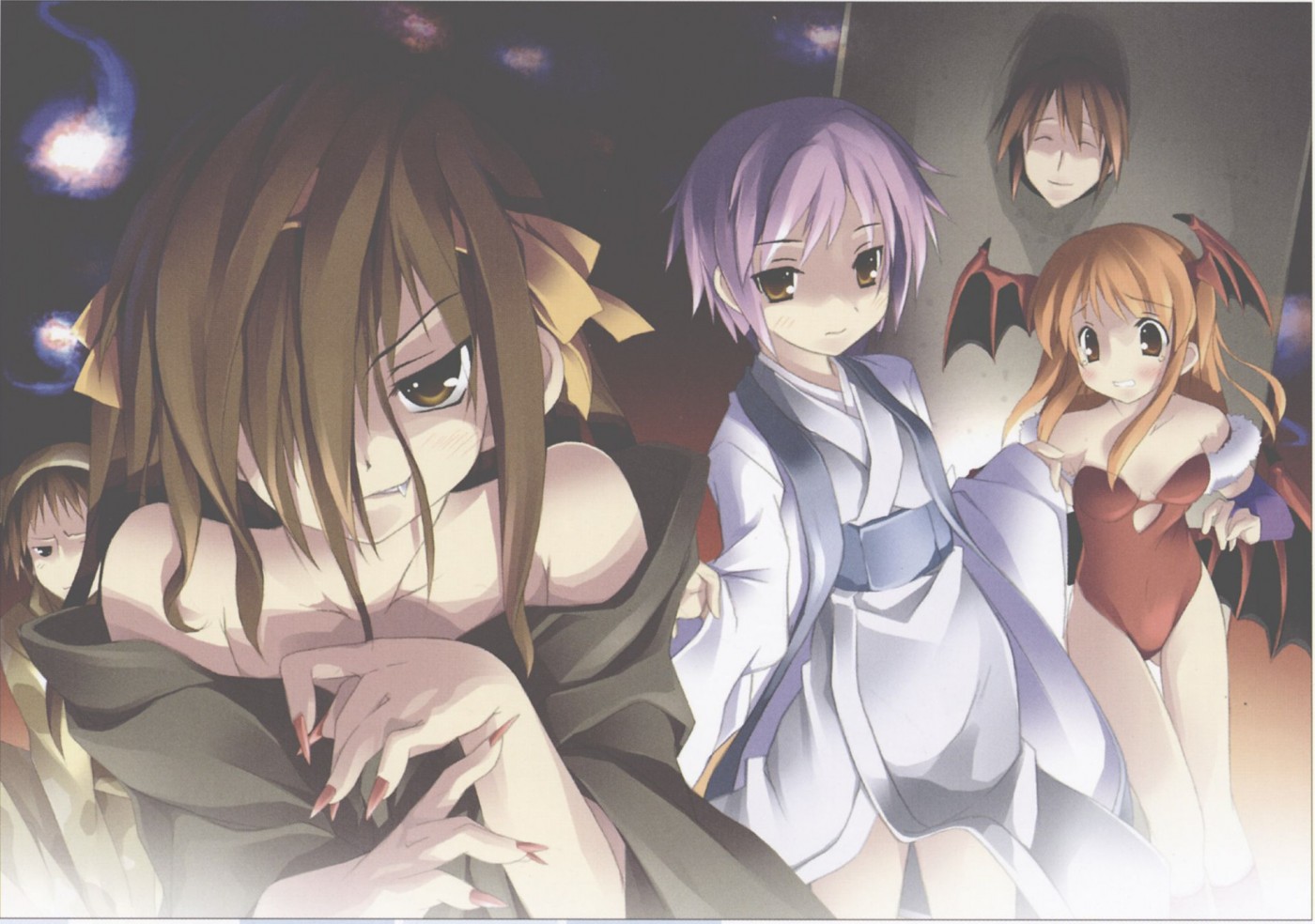 kantoku, asahina mikuru, koizumi itsuki, kyon, lilith (darkstalkers), nagato yuki, suzumiya haruhi, capcom, darkstalkers, suzumiya haruhi no yuuutsu, scan, 2boys, 3girls, bat wings, cosplay, demon girl, elbow gloves, fang, fingernails, gloves, head wings, japanese clothes, leotard, lilith (darkstalkers) (cosplay), multiple boys, multiple girls, nail (hardware), red leotard, wings