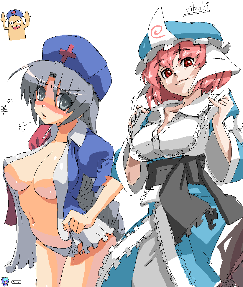 hino hikaru, cirno, saigyouji yuyuko, yagokoro, yagokoro eirin, touhou, silver hair, >:o, 2girls, :o, blush, braid, breasts, cleavage, female focus, frills, grey eyes, hat, head tilt, japanese clothes, kimono, large breasts, leaning forward, long hair, looking at viewer, multiple girls, no bra, no pants, nose blush, obi, oekaki, open clothes, open shirt, panties, pink eyes, pink hair, sash, shirt, signature, simple background, smile, standing, straight hair, triangular headpiece, underwear, undressing, v-shaped eyebrows, veil, very long hair, wavy hair, white background