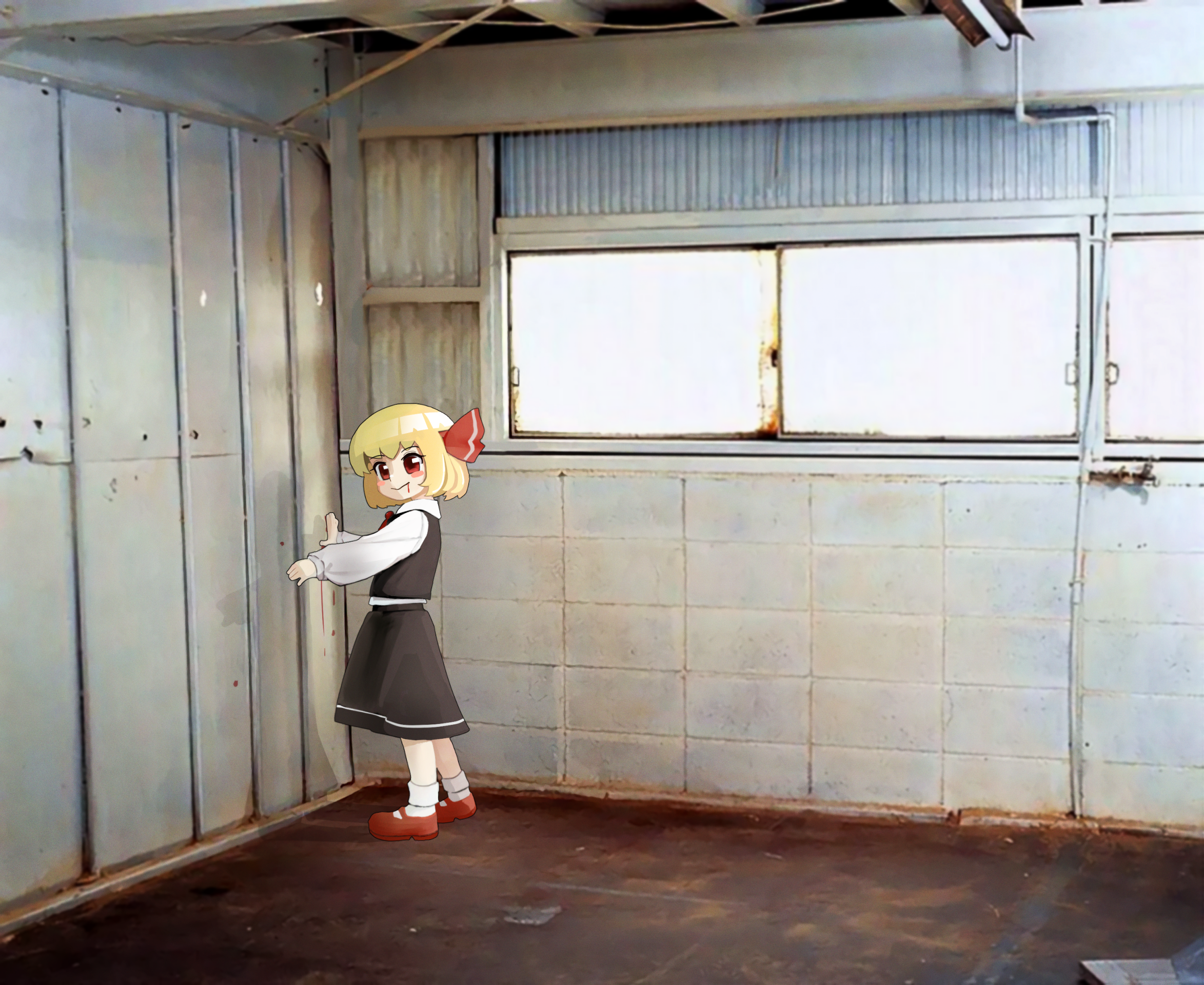 4th lol, rumia, scp-173, scp foundation, touhou, highres, 1girl, :>, against wall, ascot, black dress, black skirt, black vest, blonde hair, blood, blush stickers, dress, full body, hair ribbon, indoors, mary janes, medium skirt, photo background, red ascot, red eyes, ribbon, shirt, shoes, short hair, skirt, socks, solo, standing, vest, white shirt, white socks