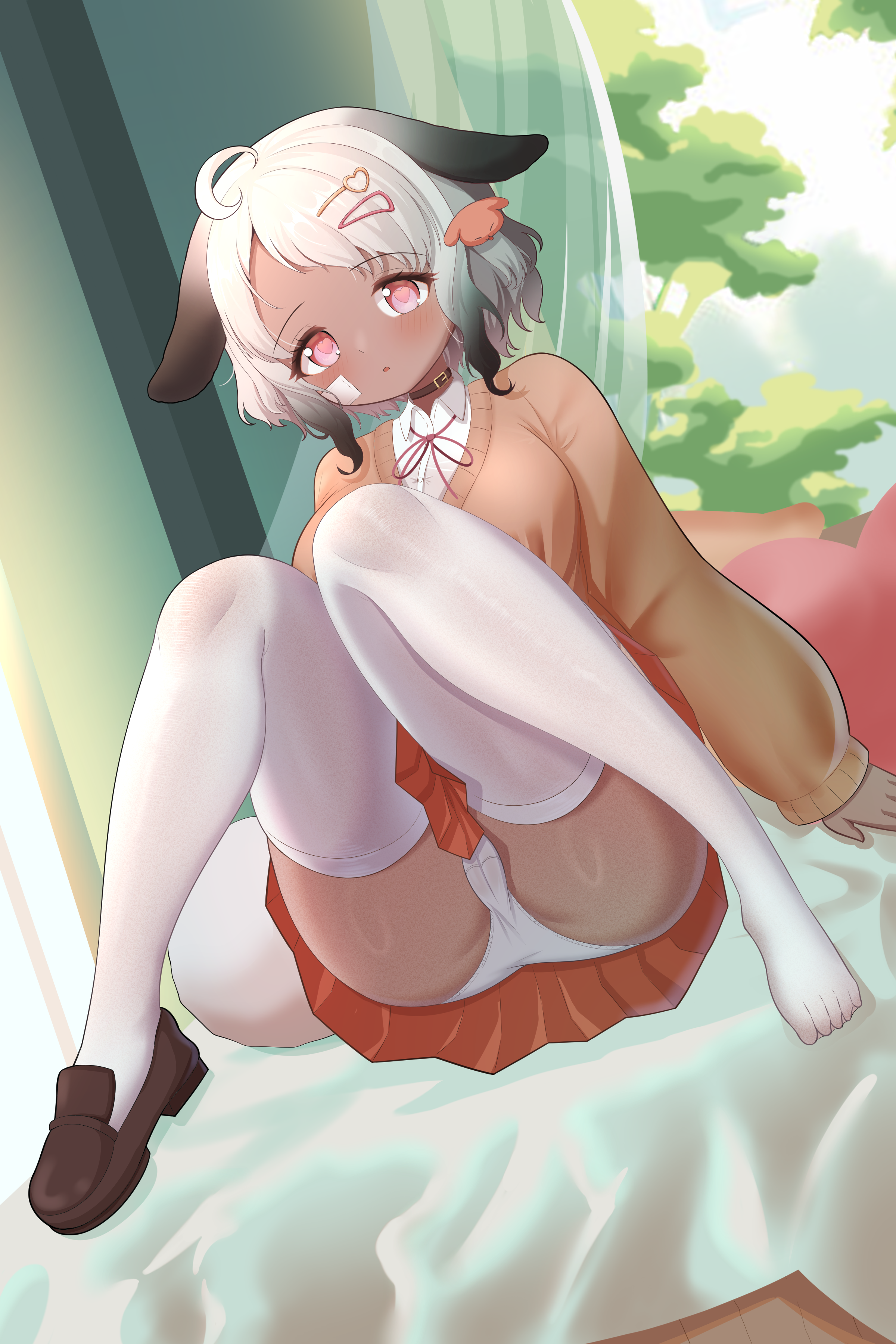 edmundnfk, absurdres, character request, copyright request, highres, 1girl, ahoge, bandage on face, bandages, bed sheet, breasts, brown choker, brown shoes, cameltoe, choker, collared shirt, colored tips, dark-skinned female, dark skin, droopy ears, feet, floppy ears, hair ornament, hairclip, indoors, knees together feet apart, large breasts, loafers, long sleeves, looking at viewer, medium hair, multicolored hair, neck ribbon, orange skirt, panties, pantyshot, pink eyes, pleated skirt, red ribbon, ribbon, shirt, shoes, single shoe, sitting, skirt, thighhighs, toes, underwear, virtual youtuber, white hair, white panties, white shirt, white thighhighs