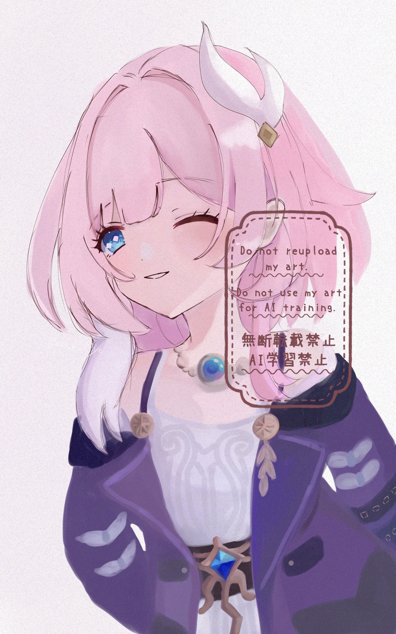 cyrene (honkai: star rail), honkai: star rail, honkai (series), highres, protected link, 1girl, ;), blue eyes, breasts, coat, dress, hair ornament, jewelry, melu hiyo, necklace, one eye closed, pink hair, purple coat, short hair, simple background, small breasts, smile, solo, white background, white dress, white hair
