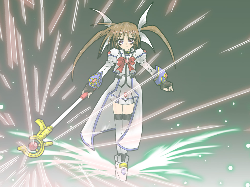 raising heart, raising heart (accel mode), takamachi nanoha, takamachi nanoha (aggressor mode), lyrical nanoha, mahou shoujo lyrical nanoha, mahou shoujo lyrical nanoha strikers, winged footwear, 00s, 1girl, blue eyes, bow, bowtie, brown hair, dress, female focus, fingerless gloves, gloves, long sleeves, looking at viewer, magazine (weapon), magical girl, red bow, red bowtie, red hair, shoes, solo, thighhighs, twintails, white dress, white thighhighs, wings, zettai ryouiki