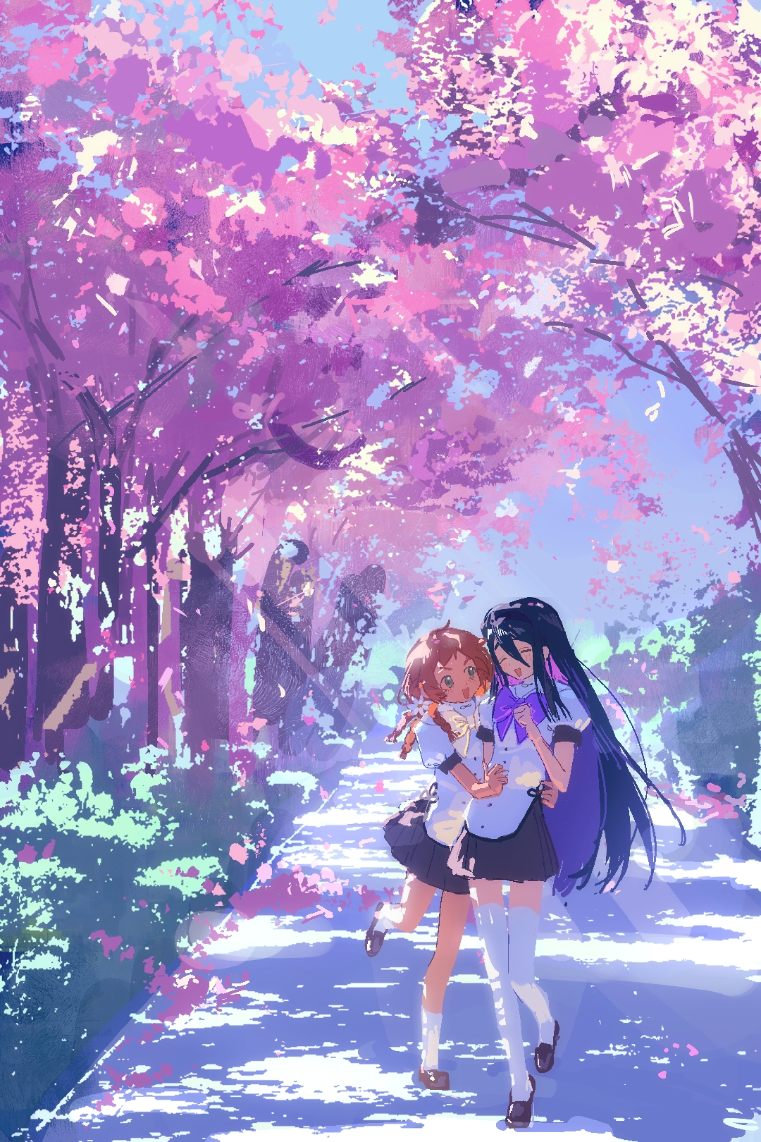original, highres, 2girls, black hair, black skirt, bow, cherry blossoms, long hair, multiple girls, purple bow, red hair, renzi rz, shirt, shoes, short hair, skirt, smile, thighhighs, white bow, white shirt, white thighhighs