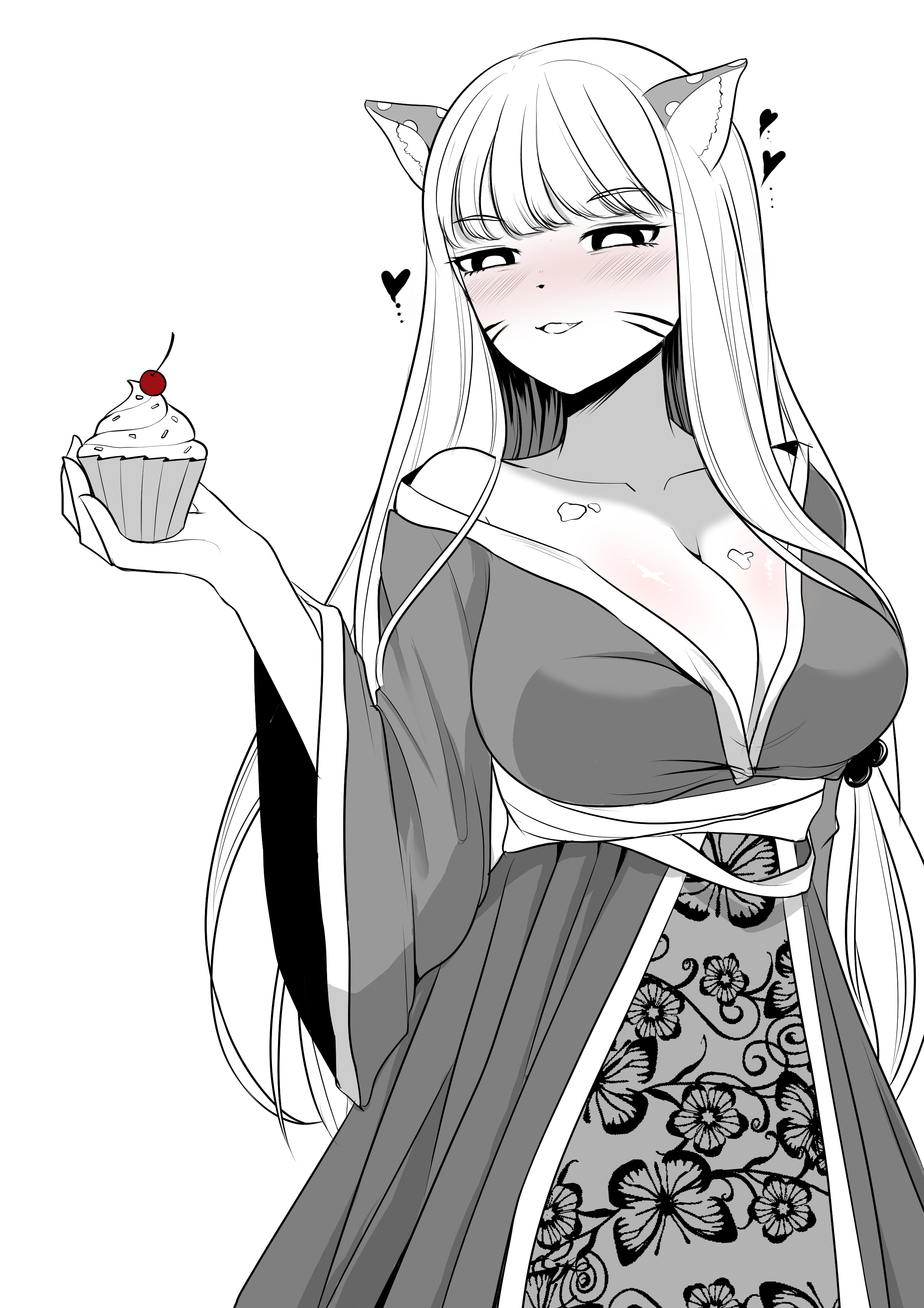 yuuki (yuuki81), what happens inside the dungeon, character request, highres, 1girl, animal ears, blush, breasts, cupcake, food, greyscale, hand up, heart (symbol), japanese clothes, kimono, large breasts, long hair, monochrome, open mouth, shirt, simple background, smile, solo, white background, white shirt
