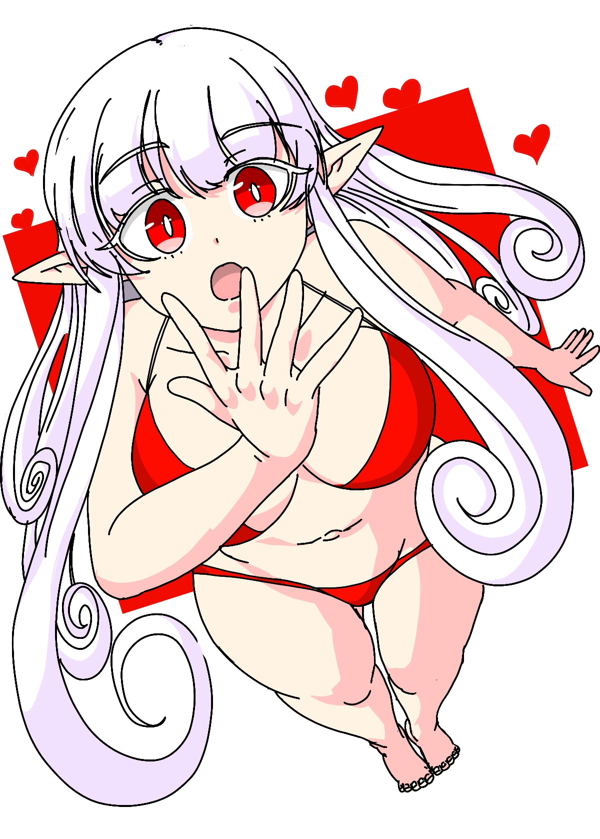 hs30430, cheong, what happens inside the dungeon, 1girl, barefoot, bikini, breasts, elf, hand up, heart (symbol), large breasts, long hair, looking at viewer, looking up, navel, open mouth, pointy ears, red bikini, red eyes, solo, stomach, swimsuit, very long hair, white background, white hair