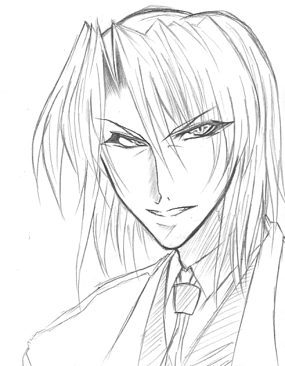 jail scaglietti, lyrical nanoha, mahou shoujo lyrical nanoha, mahou shoujo lyrical nanoha strikers, 00s, 1boy, greyscale, looking at viewer, male focus, monochrome, necktie, short hair, simple background, sketch, smirk, solo, upper body